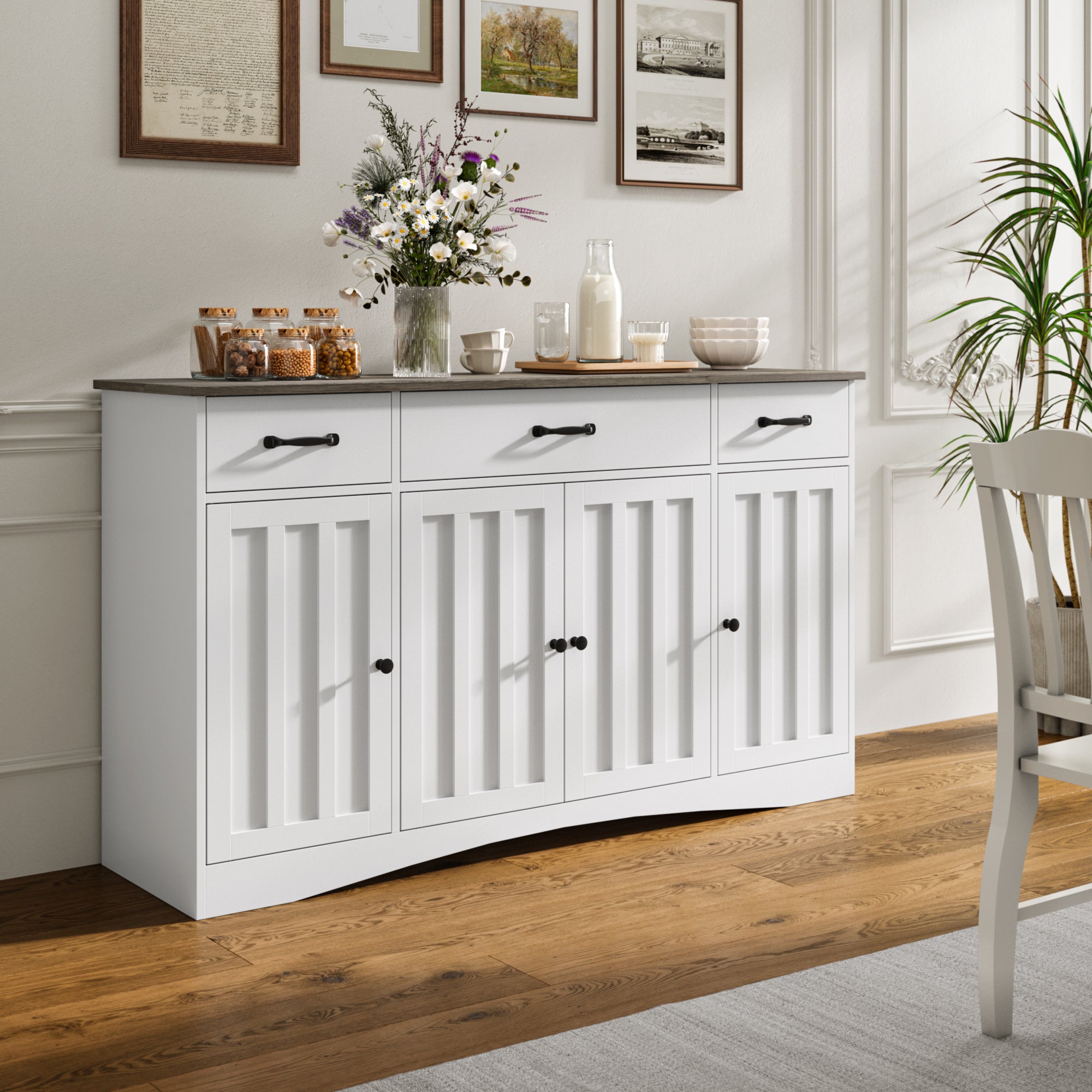 Aiho Sideboard Buffet Cabinet with Storage - Modern Kitchen Coffee Bar & Dining Room Organizer - 55.1”W, White/Gray