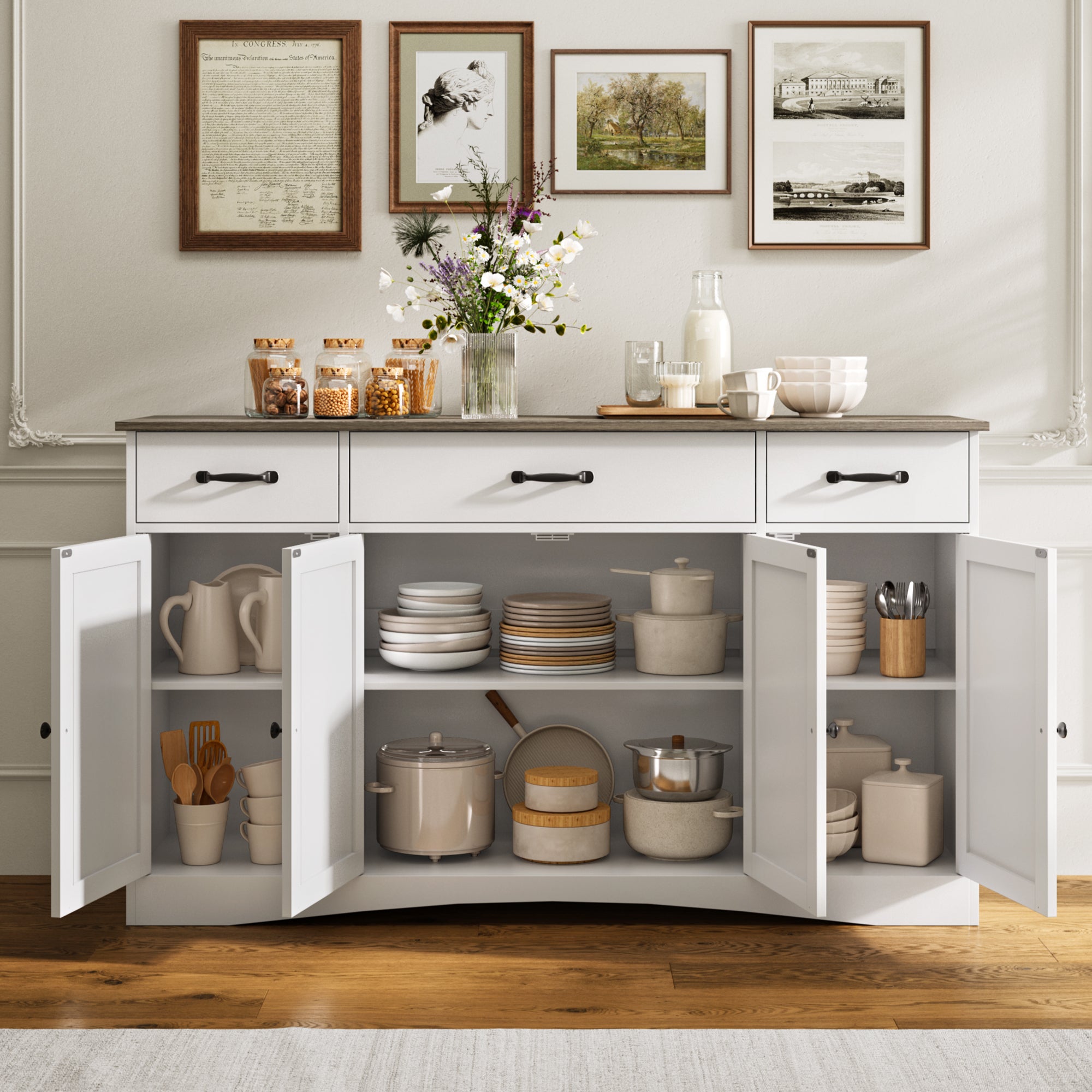 Aiho Sideboard Buffet Cabinet with Storage - Modern Kitchen Coffee Bar & Dining Room Organizer - 55.1”W, White/Gray