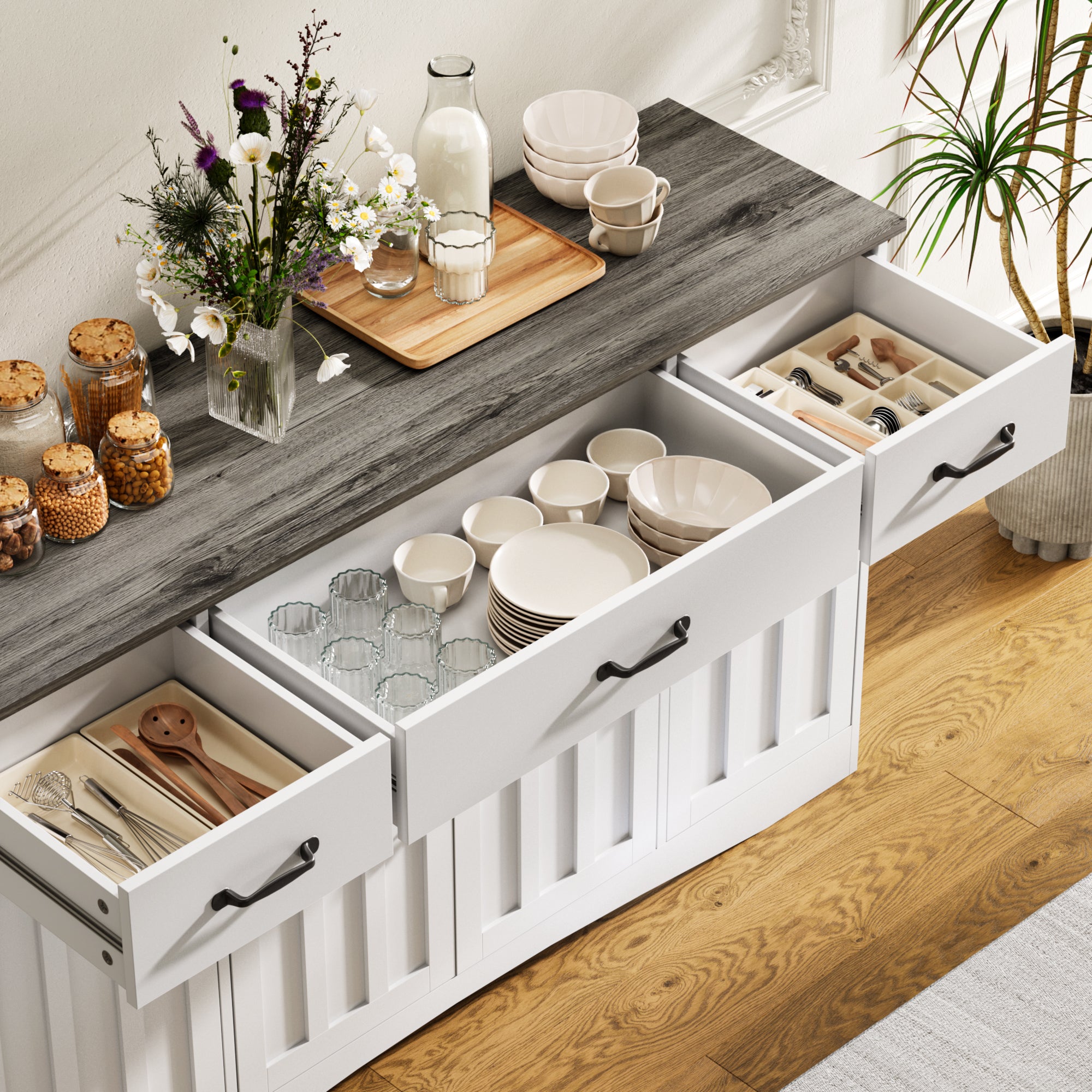 Aiho Sideboard Buffet Cabinet with Storage - Modern Kitchen Coffee Bar & Dining Room Organizer - 55.1”W, White/Gray