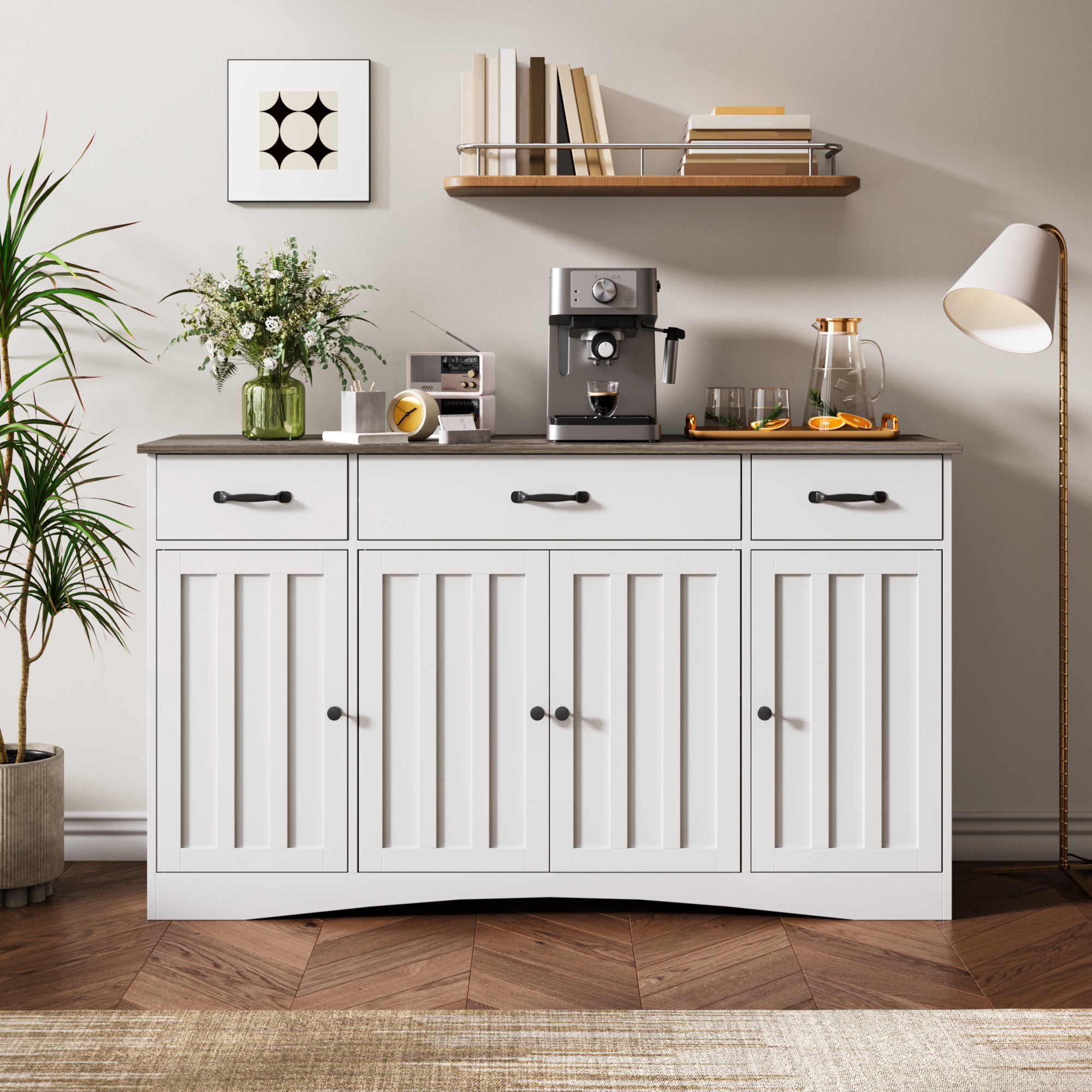 Aiho Sideboard Buffet Cabinet with Storage - Modern Kitchen Coffee Bar & Dining Room Organizer - 55.1”W, White/Gray