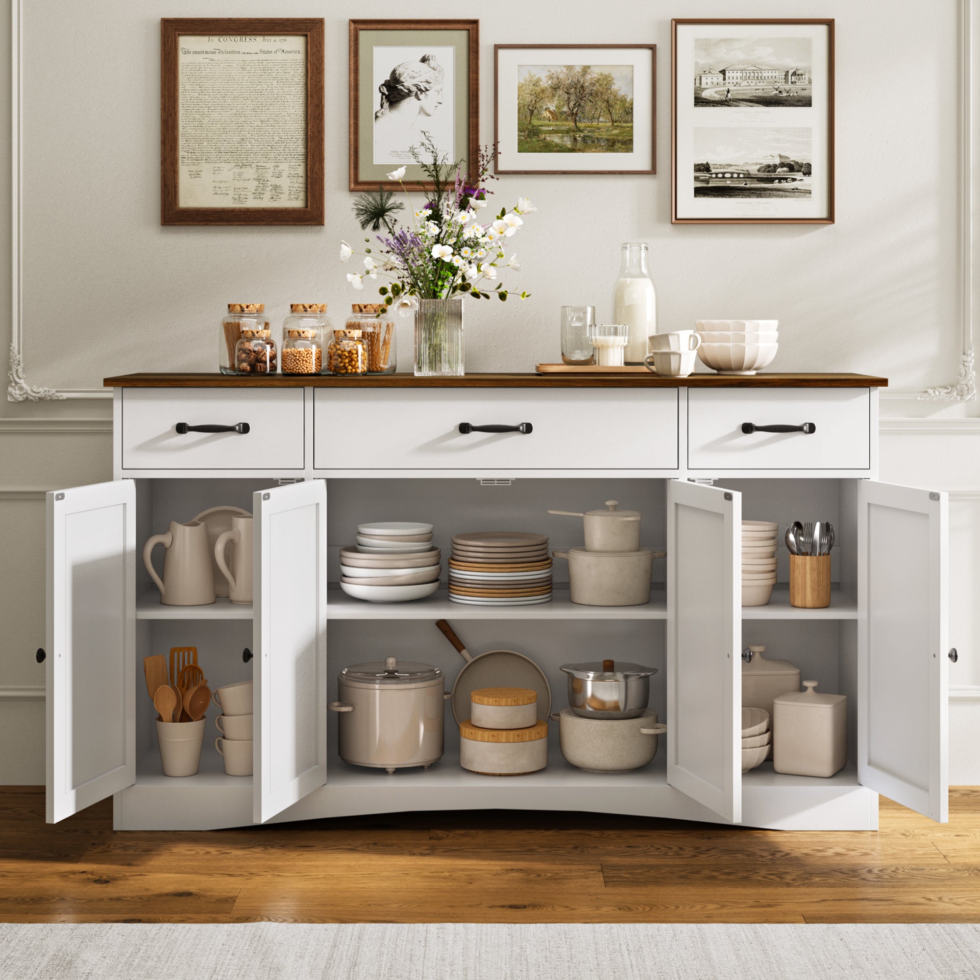 Aiho Sideboard Buffet Cabinet with Storage - Modern Kitchen Coffee Bar & Dining Room Organizer - 55.1”W, White/Rustic Brown