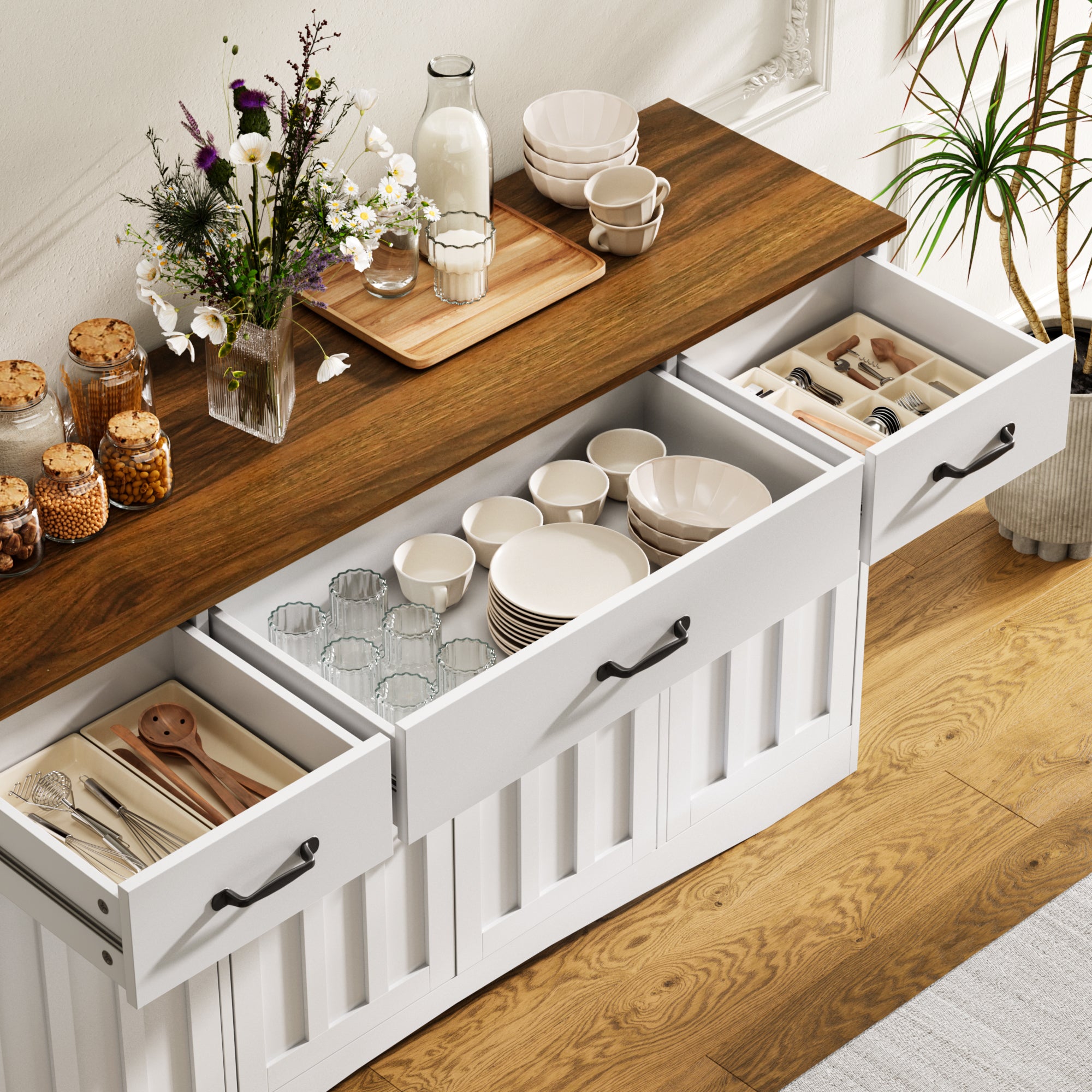 Aiho Sideboard Buffet Cabinet with Storage - Modern Kitchen Coffee Bar & Dining Room Organizer - 55.1”W, White/Rustic Brown