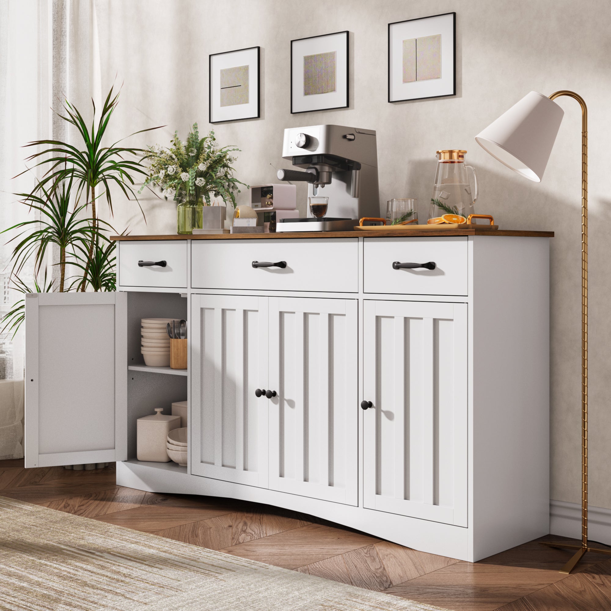 Aiho Sideboard Buffet Cabinet with Storage - Modern Kitchen Coffee Bar & Dining Room Organizer - 55.1”W, White/Rustic Brown