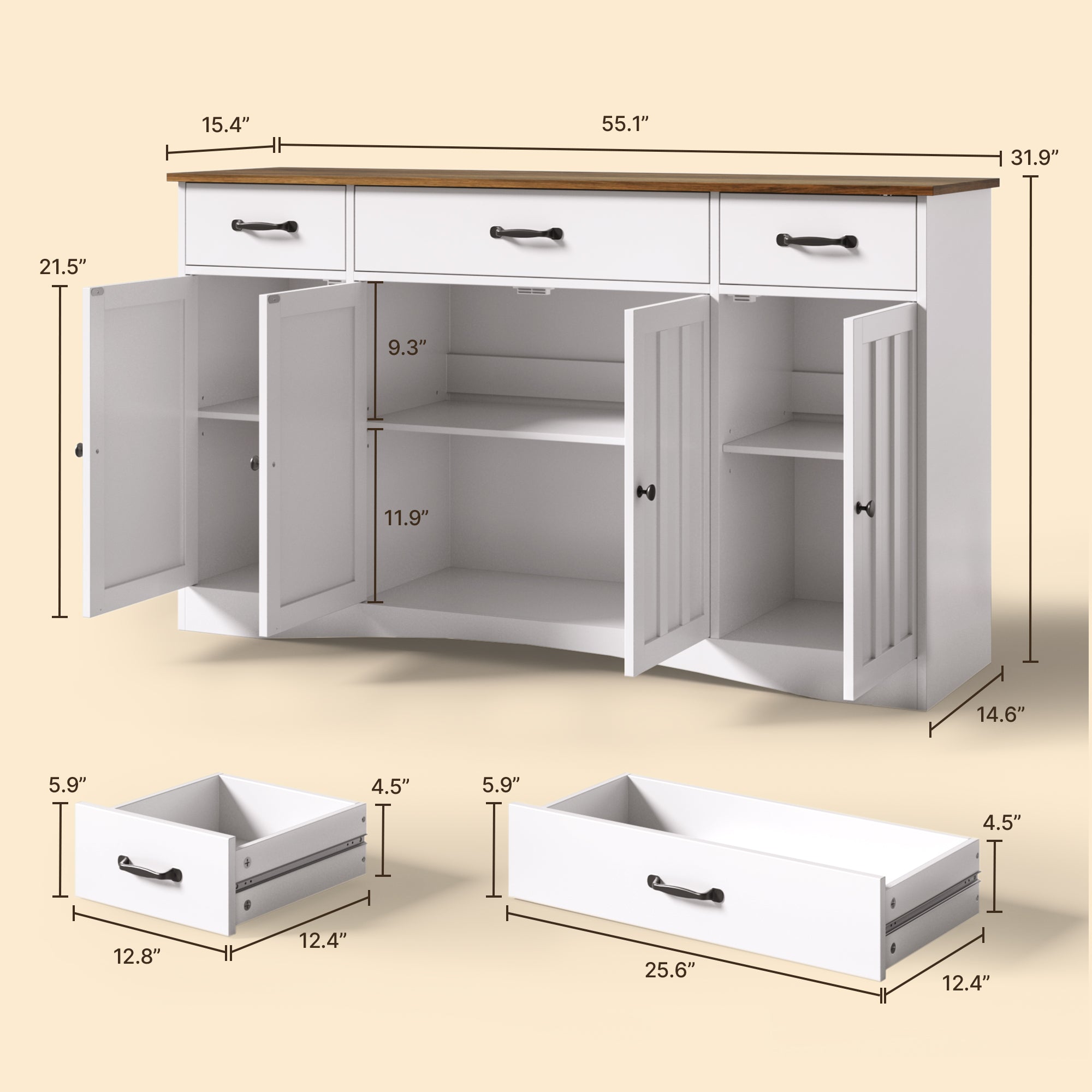 Aiho Sideboard Buffet Cabinet with Storage - Modern Kitchen Coffee Bar & Dining Room Organizer - 55.1”W, White/Rustic Brown