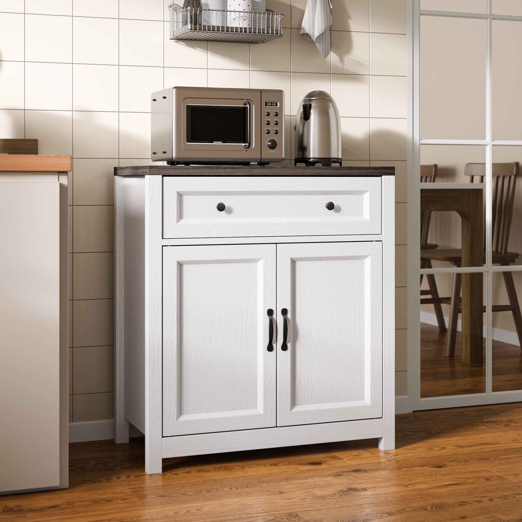 30"W Farmhouse Storage Cabinet with Barn Door - Adjustable Shelf & Large Drawer, Coffee Bar Sideboard for Kitchen, Living Room, Entryway
