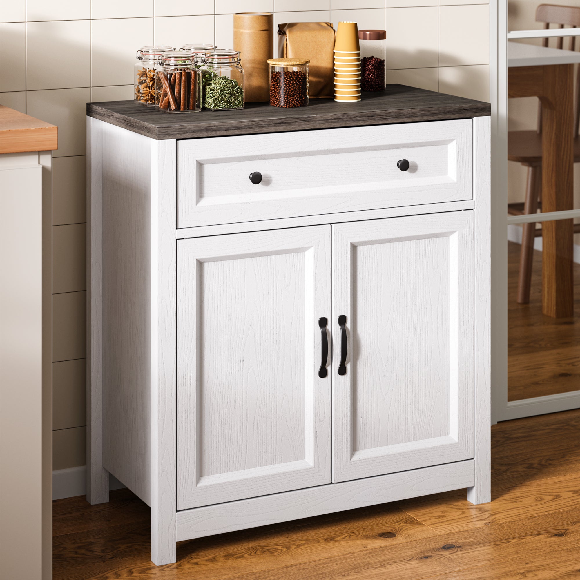 30"W Farmhouse Storage Cabinet with Barn Door - Adjustable Shelf & Large Drawer, Coffee Bar Sideboard for Kitchen, Living Room, Entryway