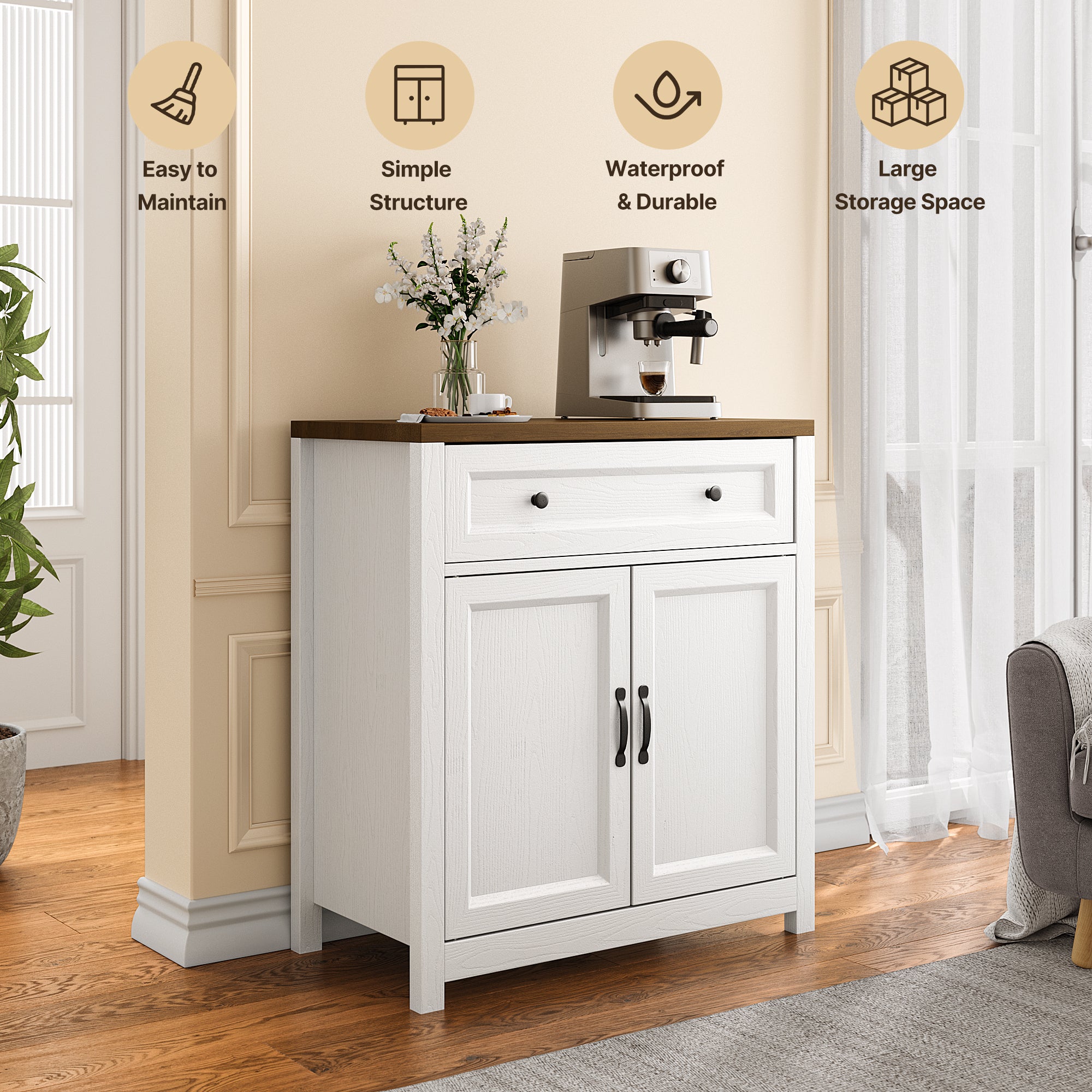30"W Farmhouse Storage Cabinet with Barn Door - Adjustable Shelf & Large Drawer, Coffee Bar Sideboard for Kitchen, Living Room, Entryway, Retro