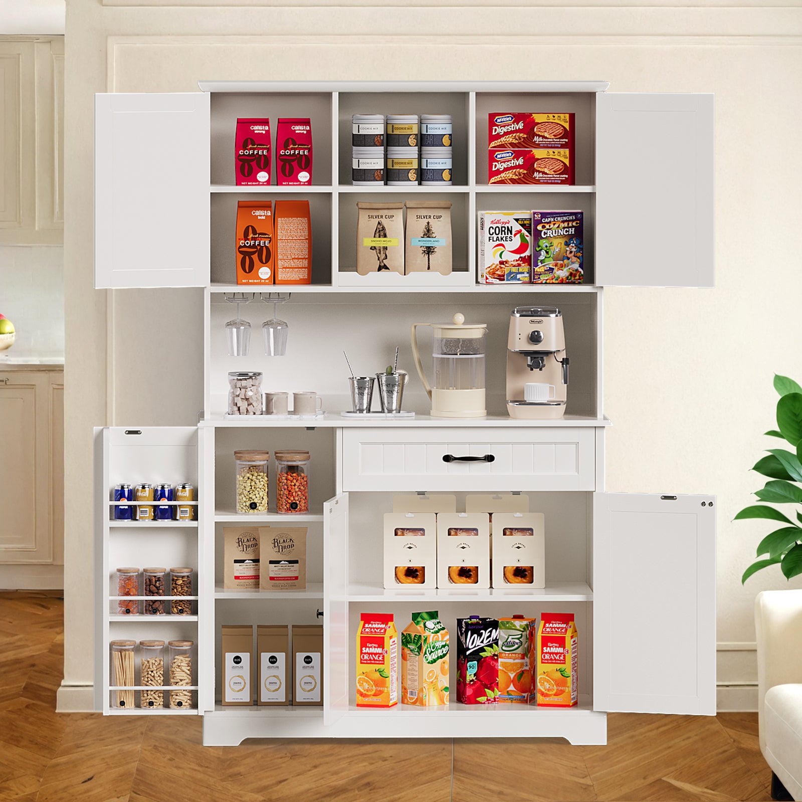 Aiho 67" Kitchen Pantry Storage Cabinet with Doors & Shelves, Modern Buffet Cabinet with Microwave Stand, Tall Hutch Cabinet for Kitchen, Dining Room