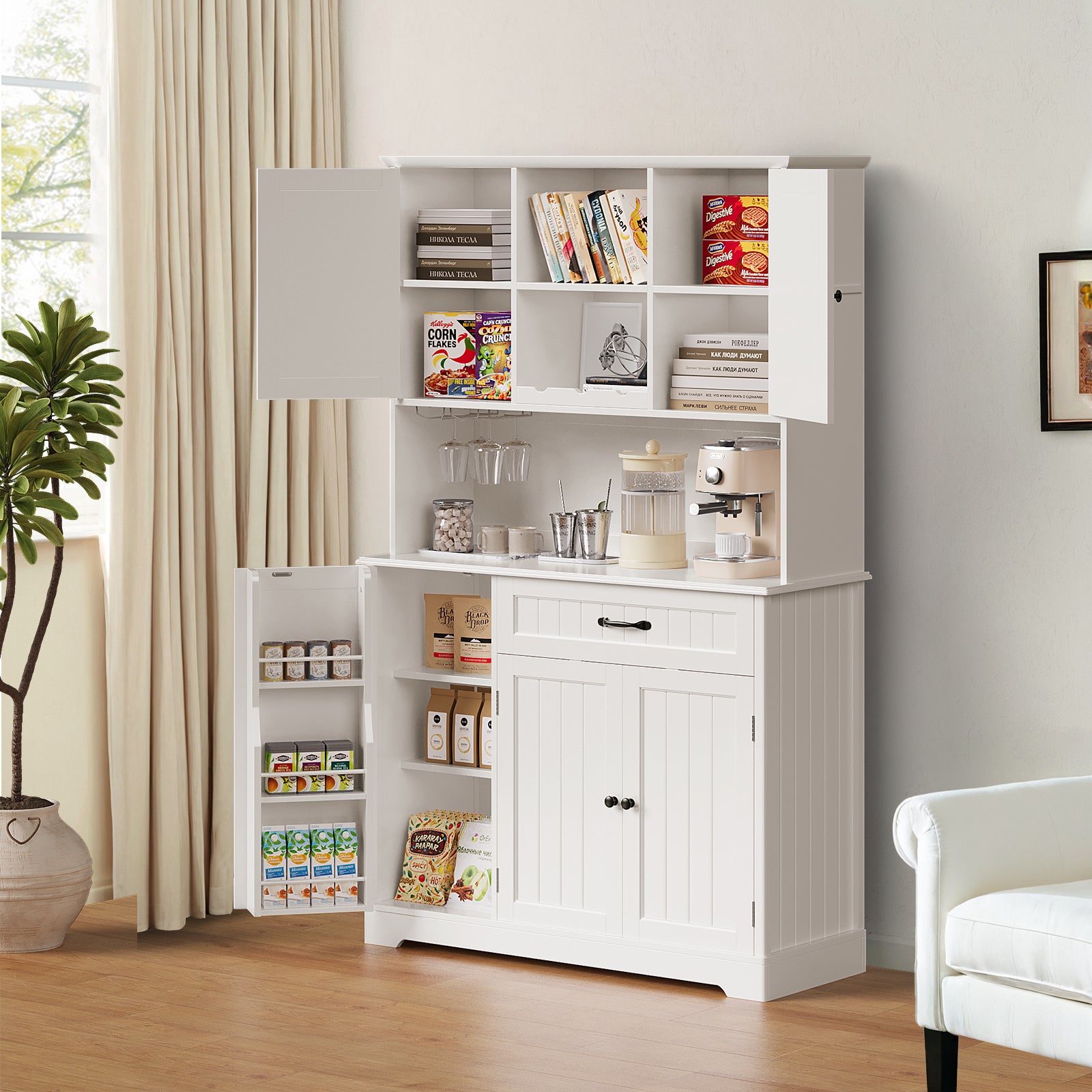 Aiho 67" Kitchen Pantry Storage Cabinet with Doors & Shelves, Modern Buffet Cabinet with Microwave Stand, Tall Hutch Cabinet for Kitchen, Dining Room
