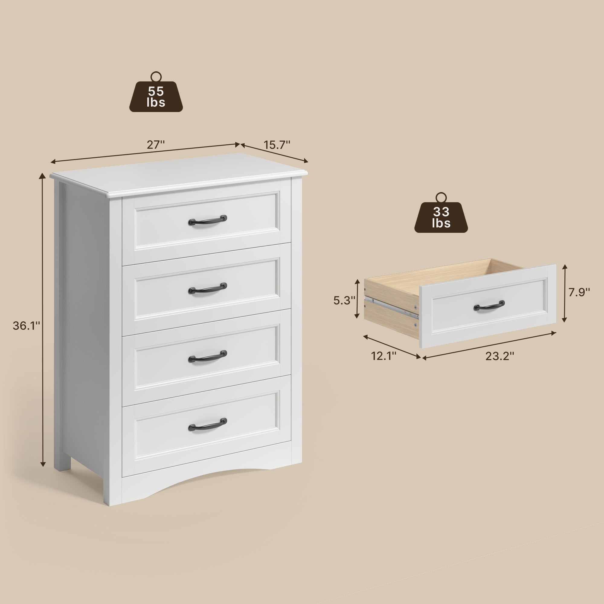 Aiho White 4 Drawer Dresser for Bedroom, Wooden Storage Organizer Cabinet for Living Room, Bedroom