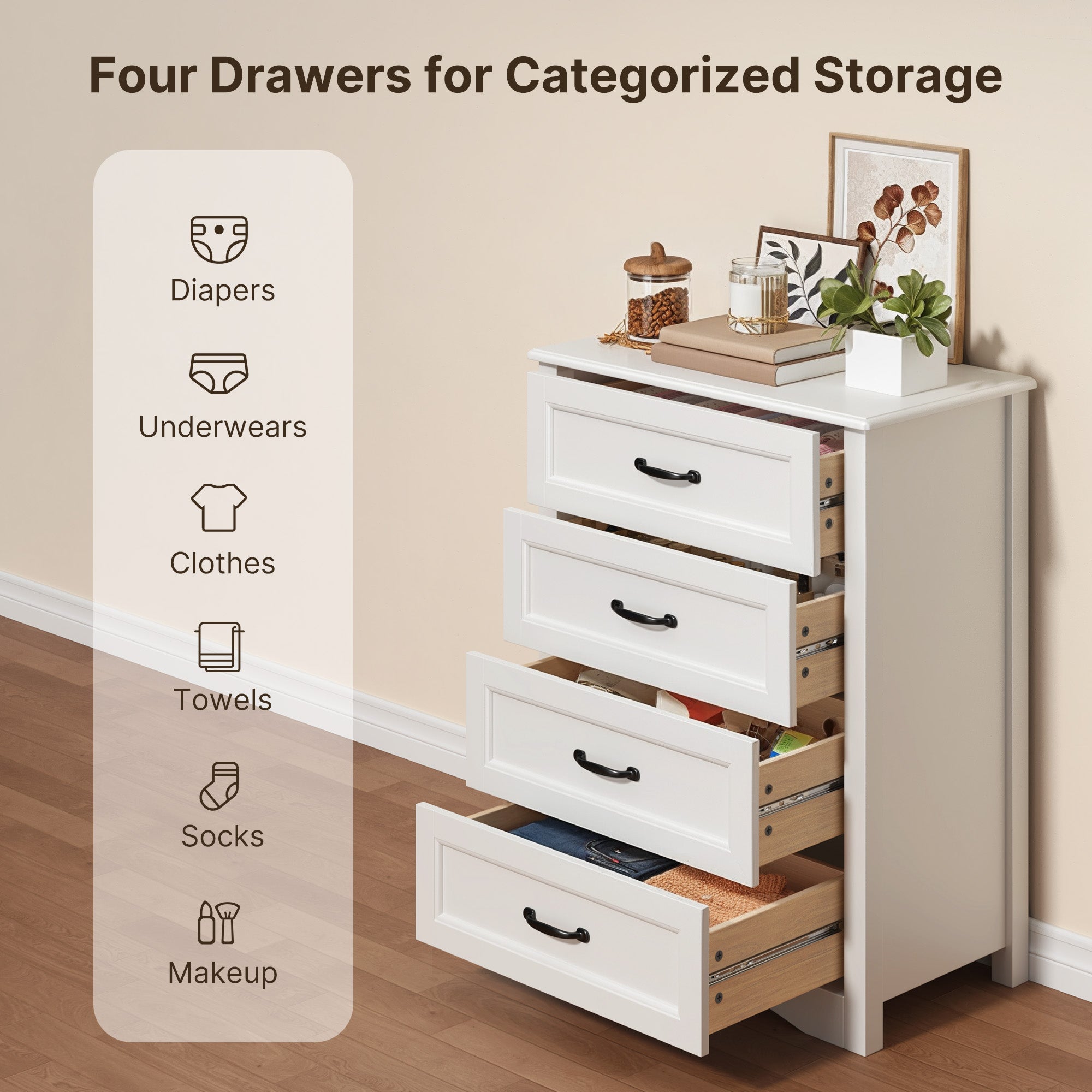 Aiho White 4 Drawer Dresser for Bedroom, Wooden Storage Organizer Cabinet for Living Room, Bedroom