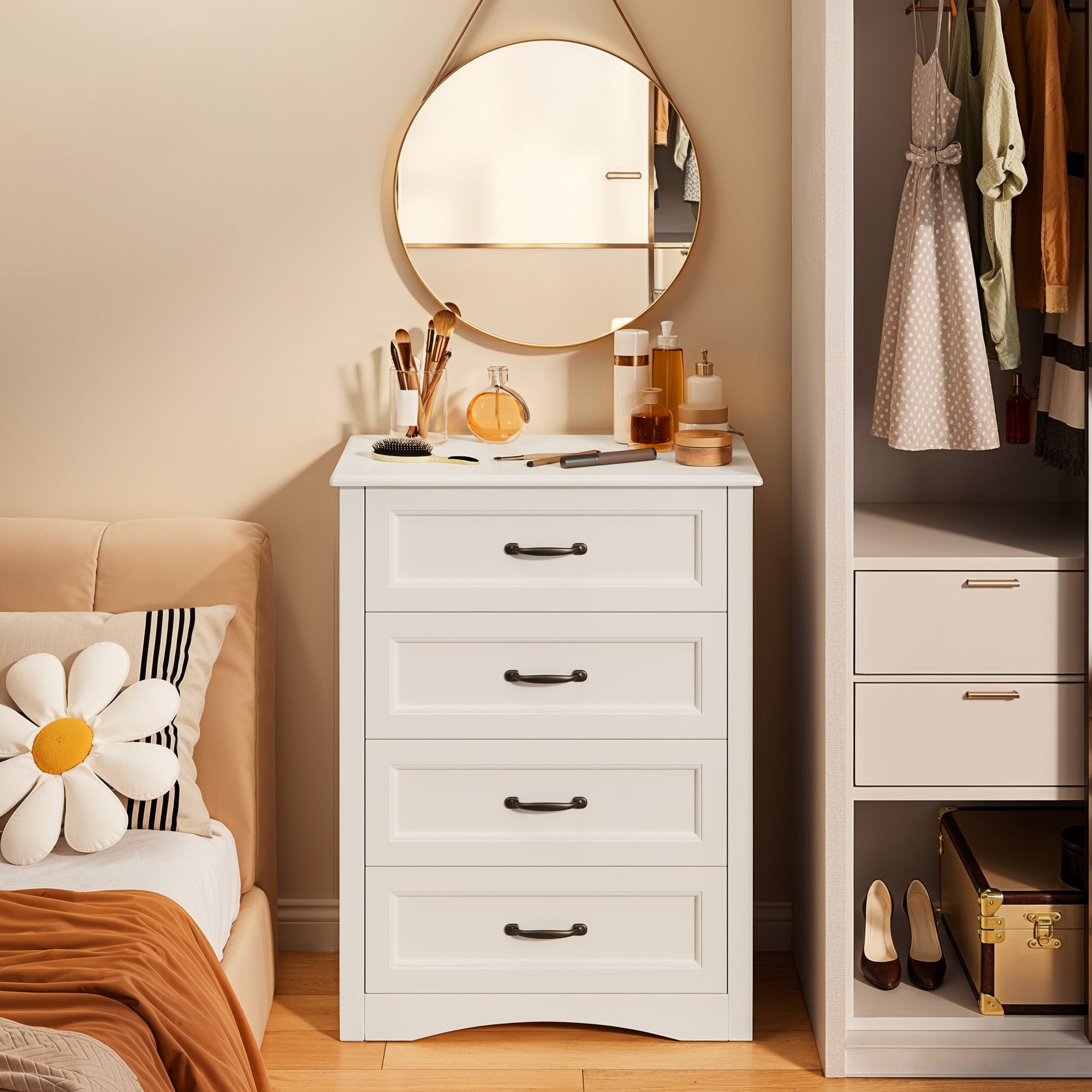 Aiho White 4 Drawer Dresser for Bedroom, Wooden Storage Organizer Cabinet for Living Room, Bedroom