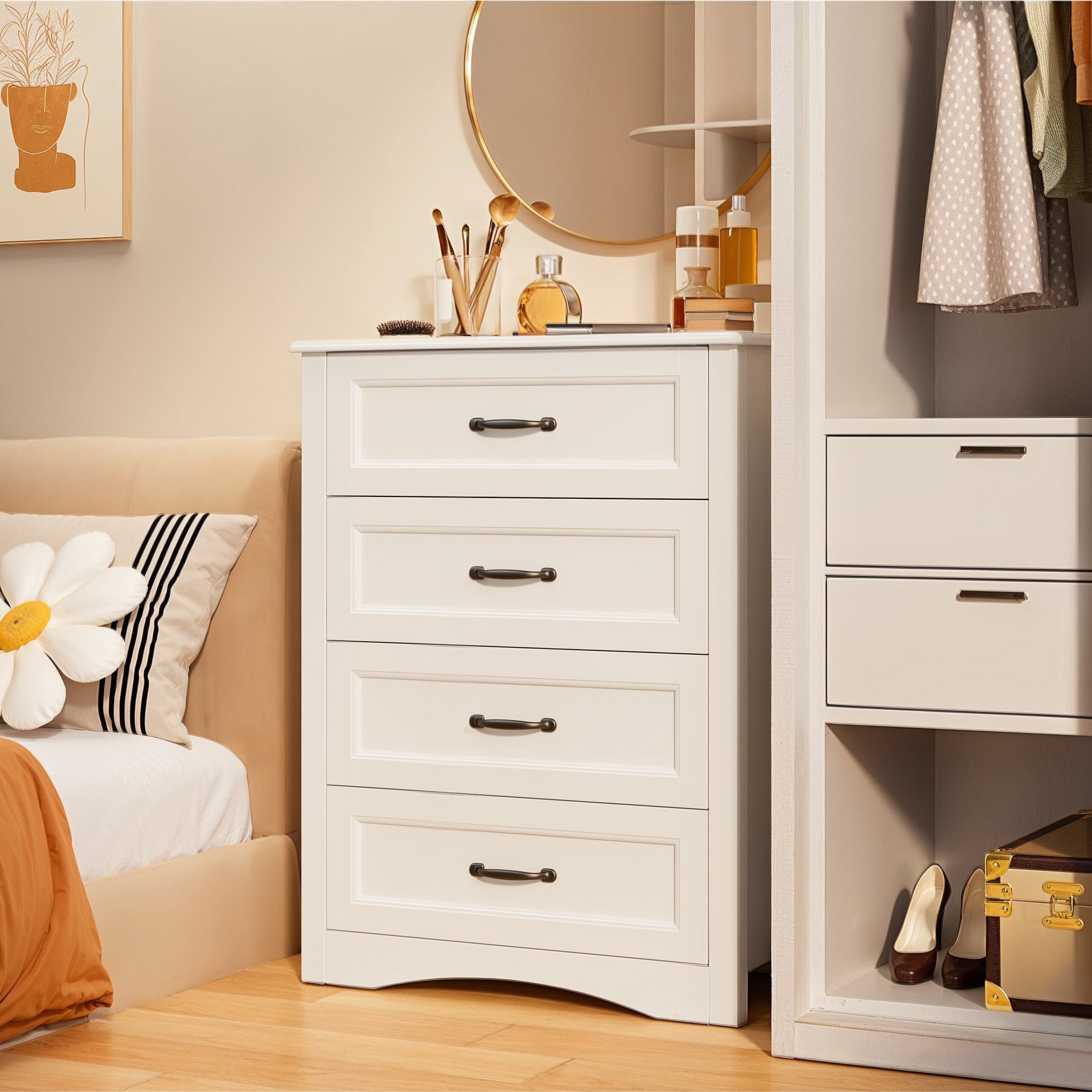 Aiho White 4 Drawer Dresser for Bedroom, Wooden Storage Organizer Cabinet for Living Room, Bedroom