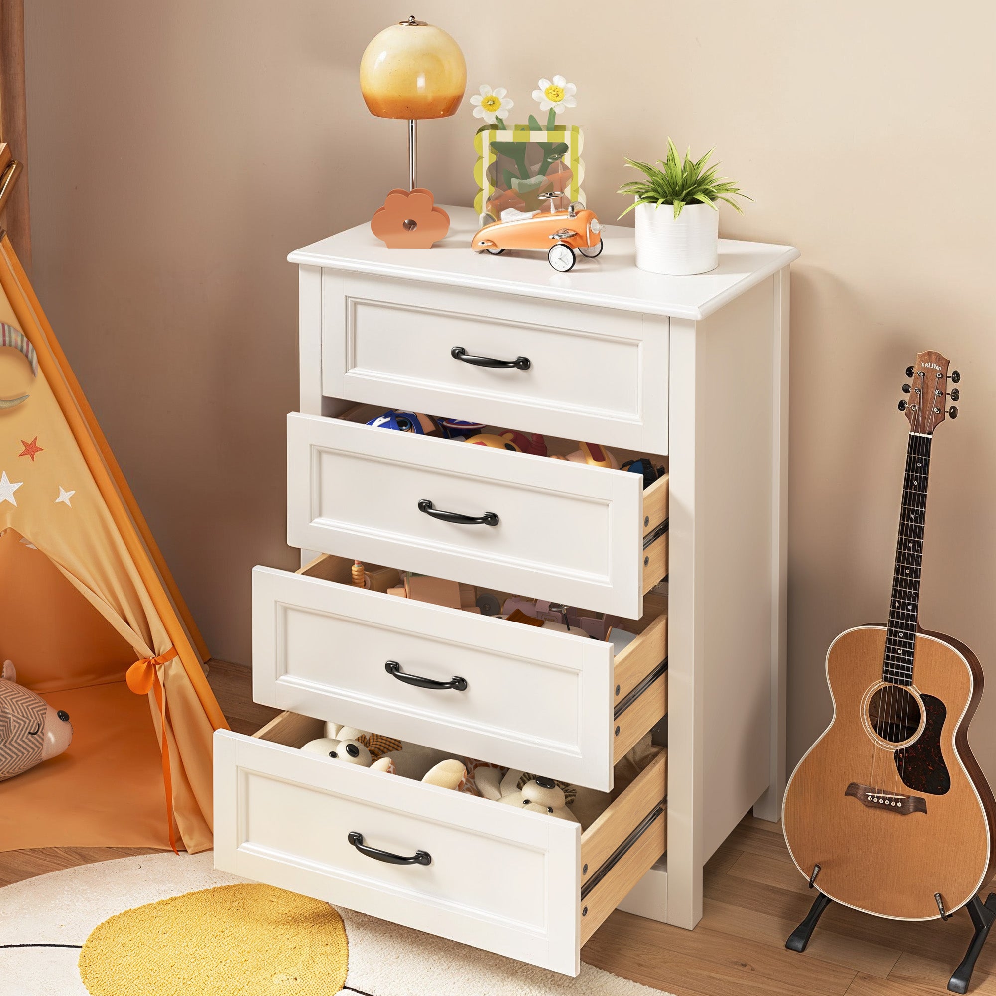 Aiho White 4 Drawer Dresser for Bedroom, Wooden Storage Organizer Cabinet for Living Room, Bedroom
