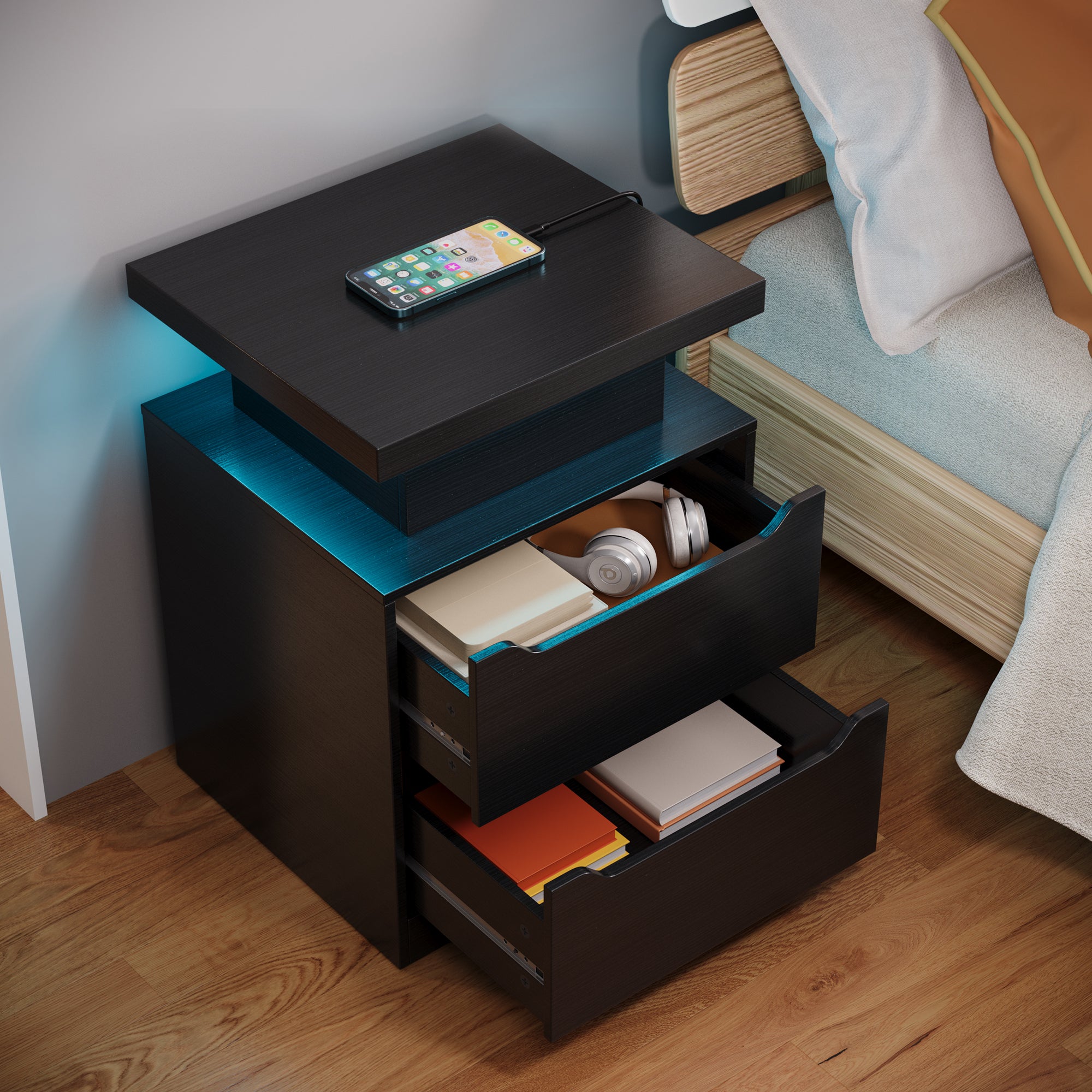 Aiho Nightstand with Charging Station & LED Lights - Modern Wood Bedside Table, 2 Drawers - for Bedroom, Living Room, Study