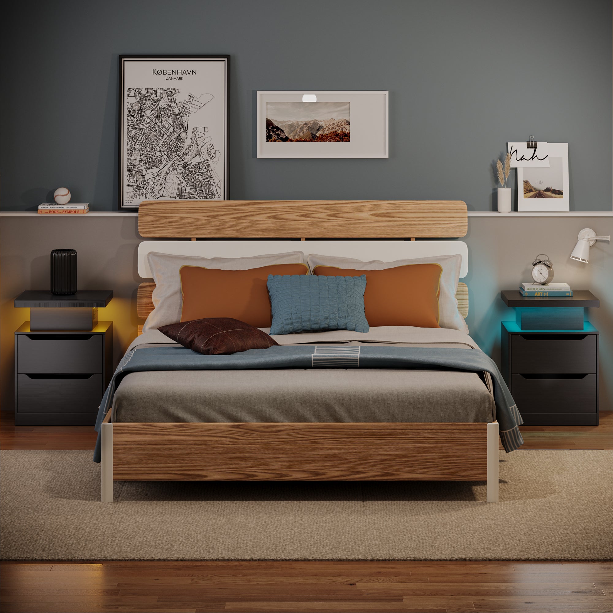 Aiho Nightstand with Charging Station & LED Lights - Modern Wood Bedside Table, 2 Drawers - for Bedroom, Living Room, Study