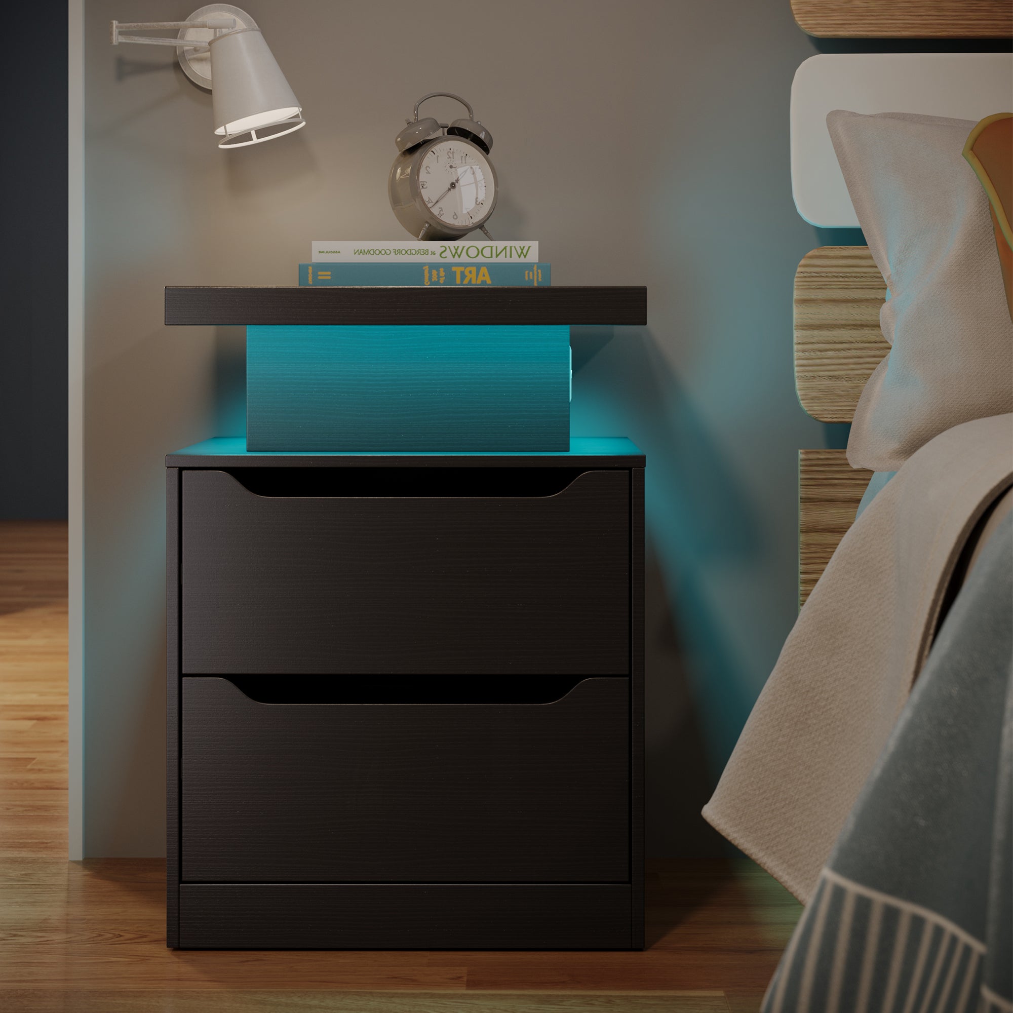 Aiho Nightstand with Charging Station & LED Lights - Modern Wood Bedside Table, 2 Drawers - for Bedroom, Living Room, Study