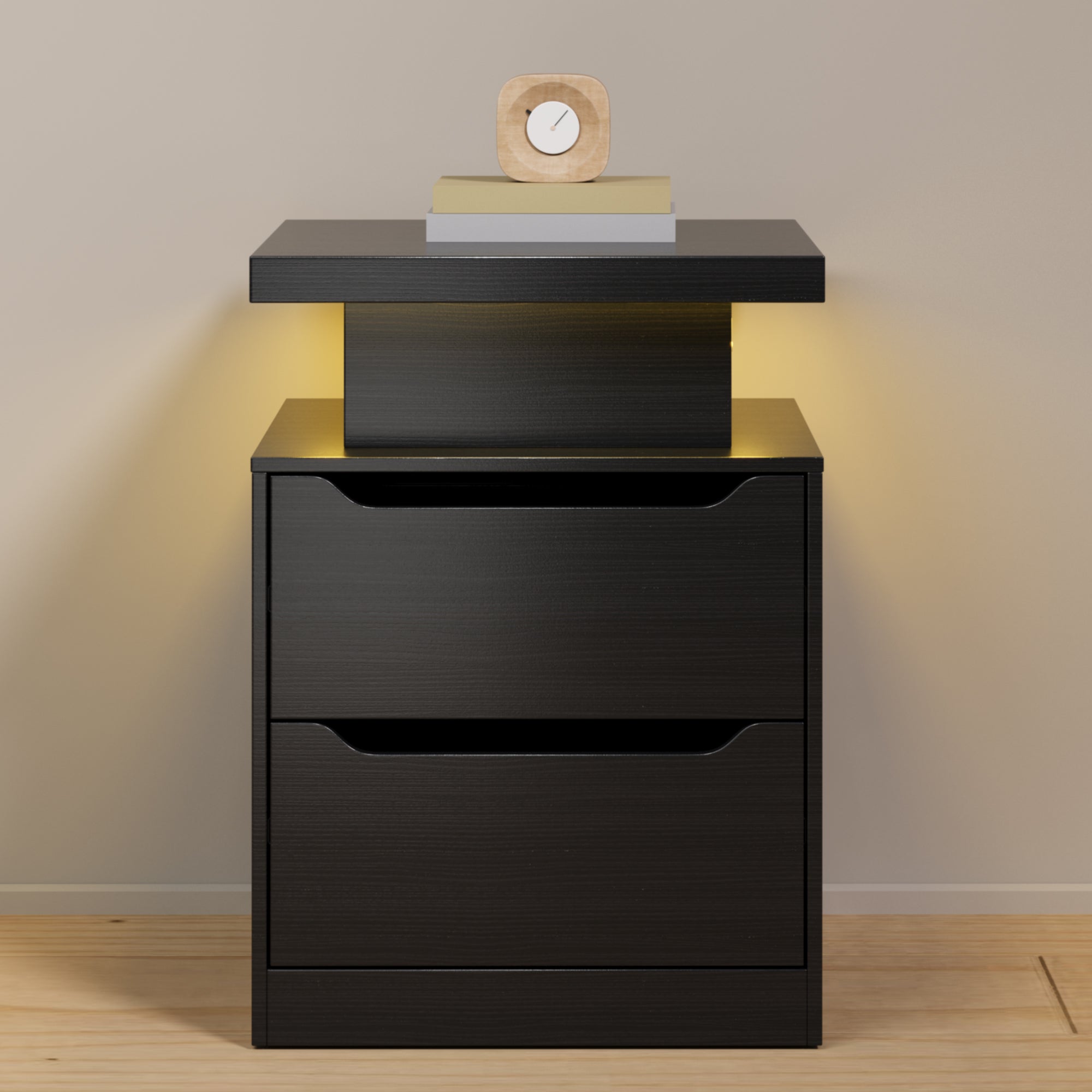 Aiho Nightstand with Charging Station & LED Lights - Modern Wood Bedside Table, 2 Drawers - for Bedroom, Living Room, Study, Black