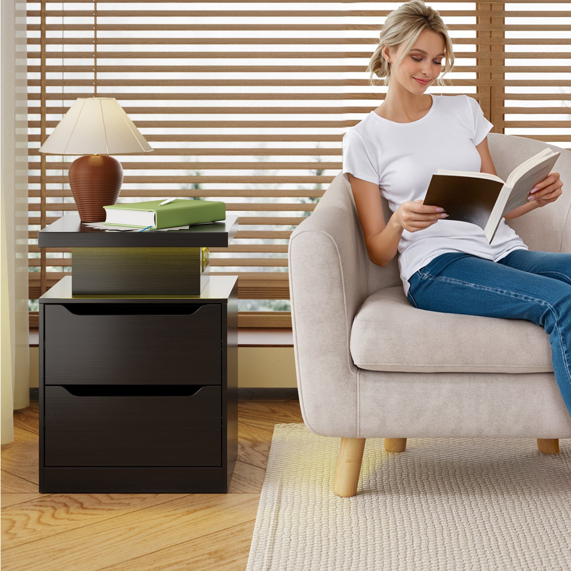Aiho Nightstand with Charging Station & LED Lights - Modern Wood Bedside Table, 2 Drawers - for Bedroom, Living Room, Study