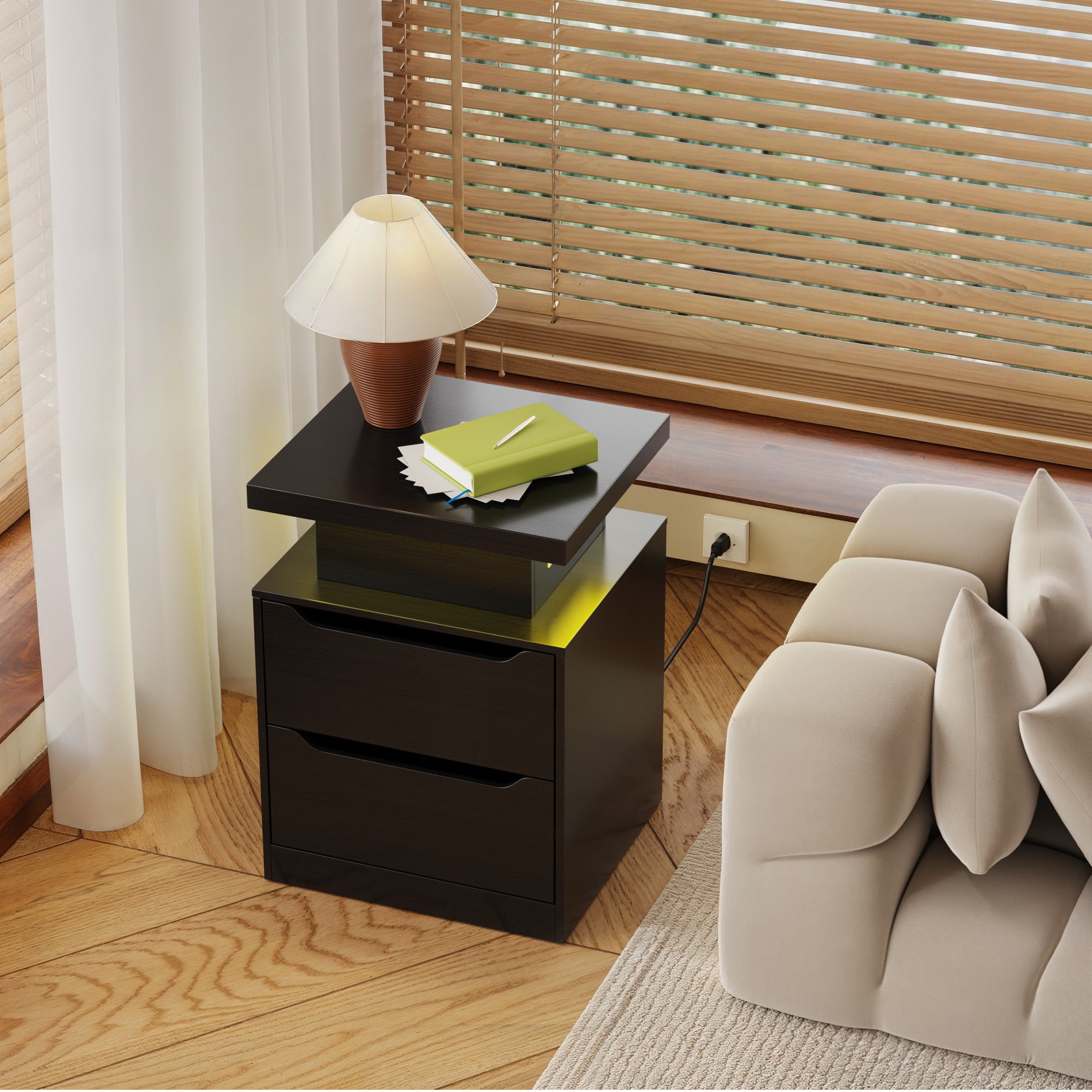 Aiho Nightstand with Charging Station & LED Lights - Modern Wood Bedside Table, 2 Drawers - for Bedroom, Living Room, Study