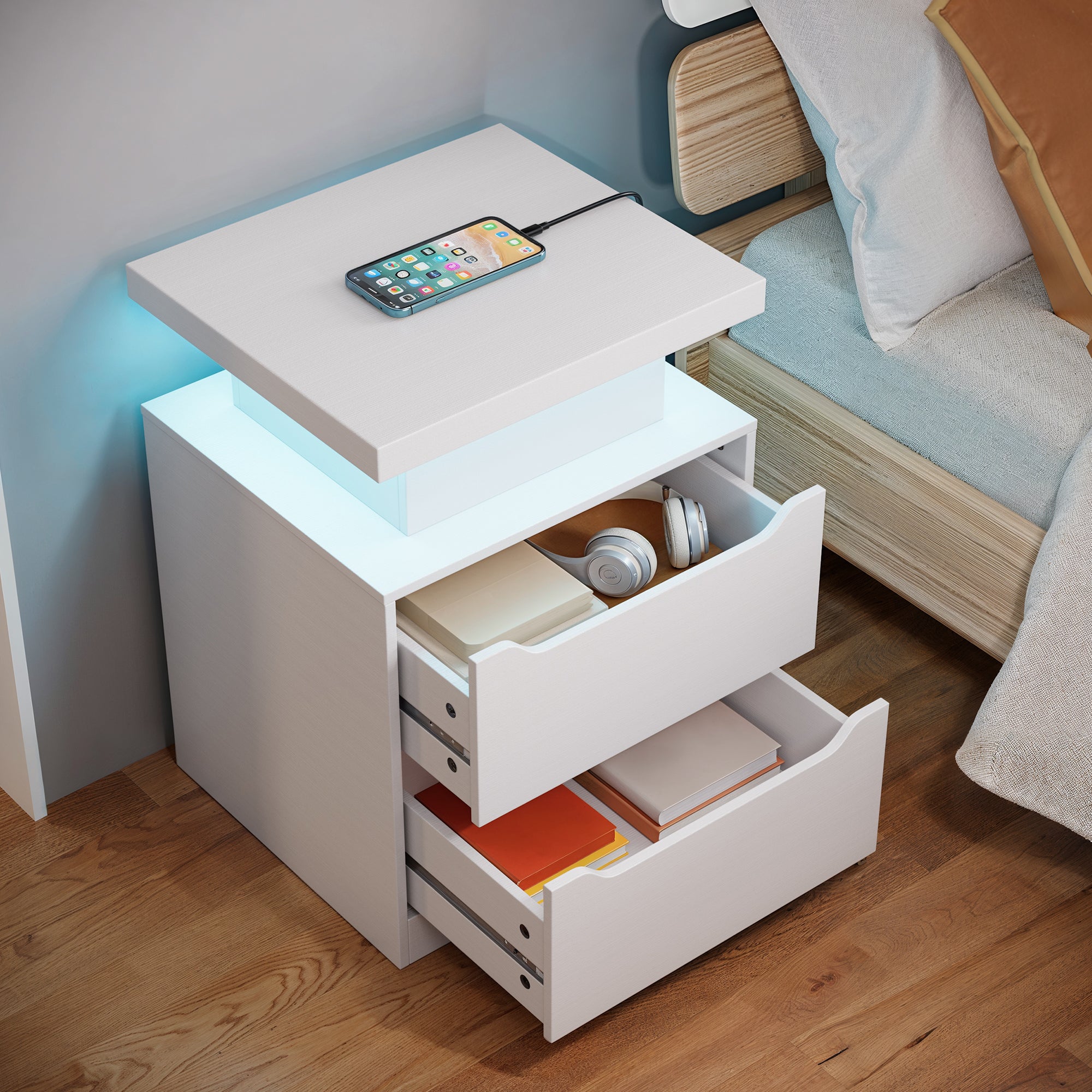 Aiho Nightstand with Charging Station & LED Lights - Modern Wood Bedside Table, 2 Drawers - for Bedroom, Living Room, Study, White