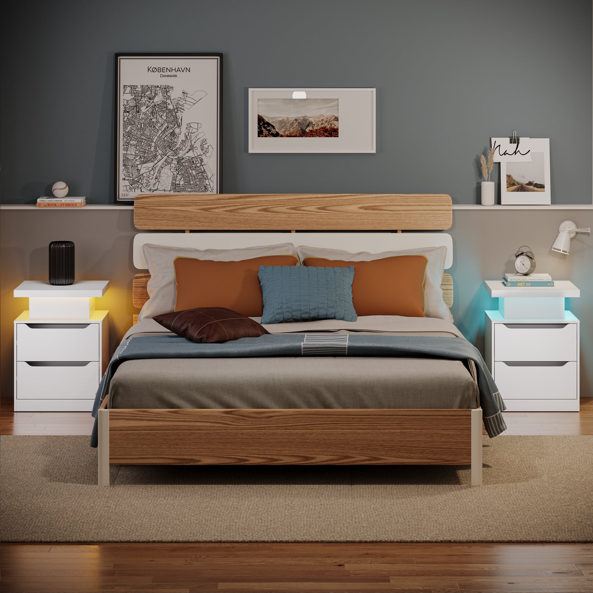 Aiho Nightstand with Charging Station & LED Lights - Modern Wood Bedside Table, 2 Drawers - for Bedroom, Living Room, Study, White