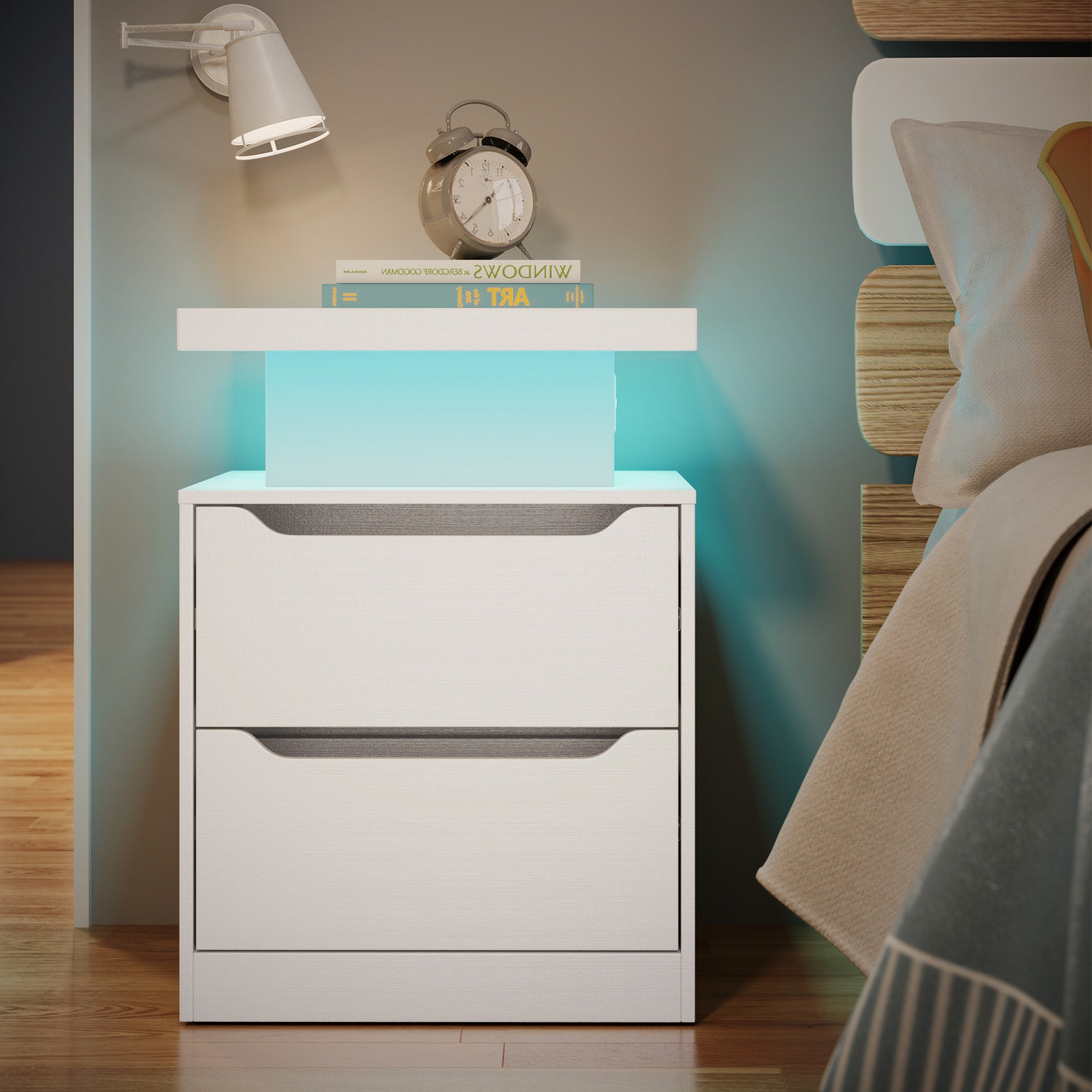 Aiho Nightstand with Charging Station & LED Lights - Modern Wood Bedside Table, 2 Drawers - for Bedroom, Living Room, Study
