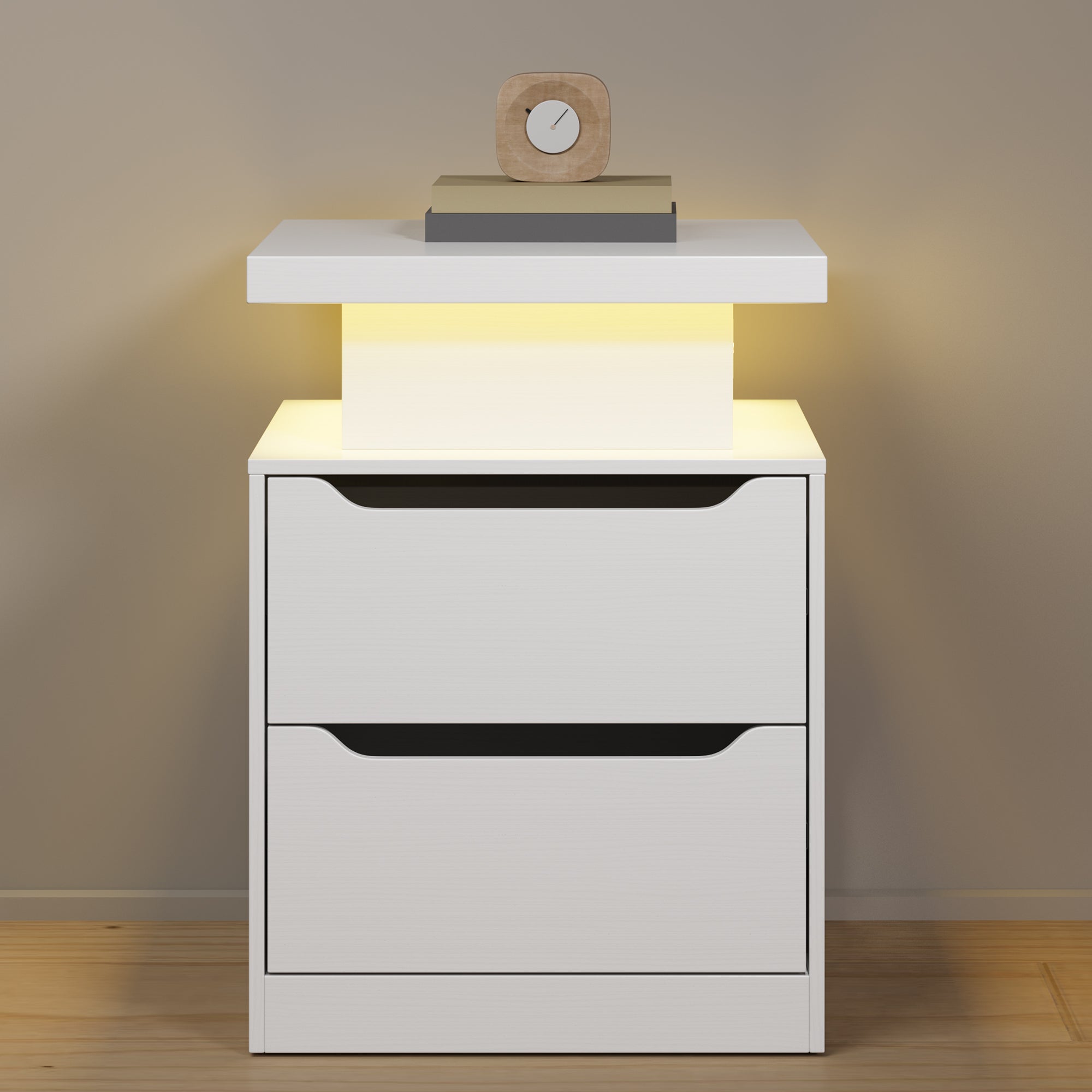 Aiho Nightstand with Charging Station & LED Lights - Modern Wood Bedside Table, 2 Drawers - for Bedroom, Living Room, Study, White