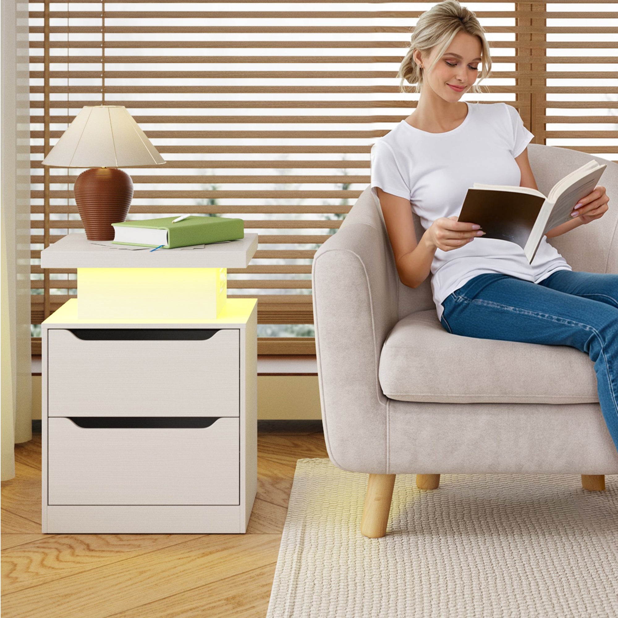 Aiho Nightstand with Charging Station & LED Lights - Modern Wood Bedside Table, 2 Drawers - for Bedroom, Living Room, Study, White