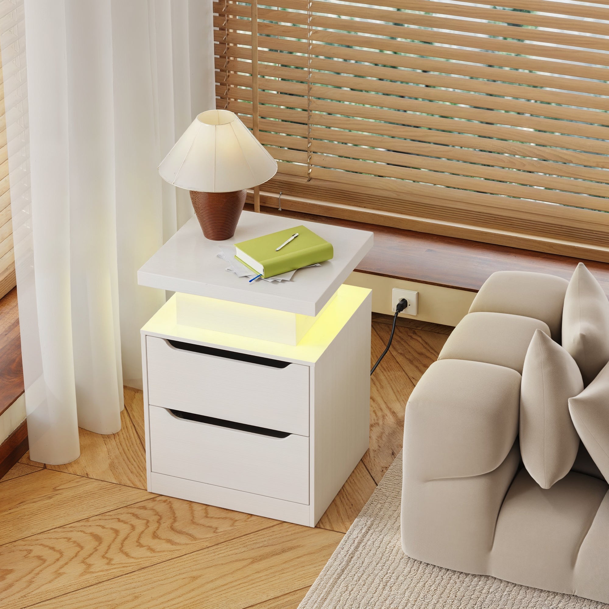 Aiho Nightstand with Charging Station & LED Lights - Modern Wood Bedside Table, 2 Drawers - for Bedroom, Living Room, Study