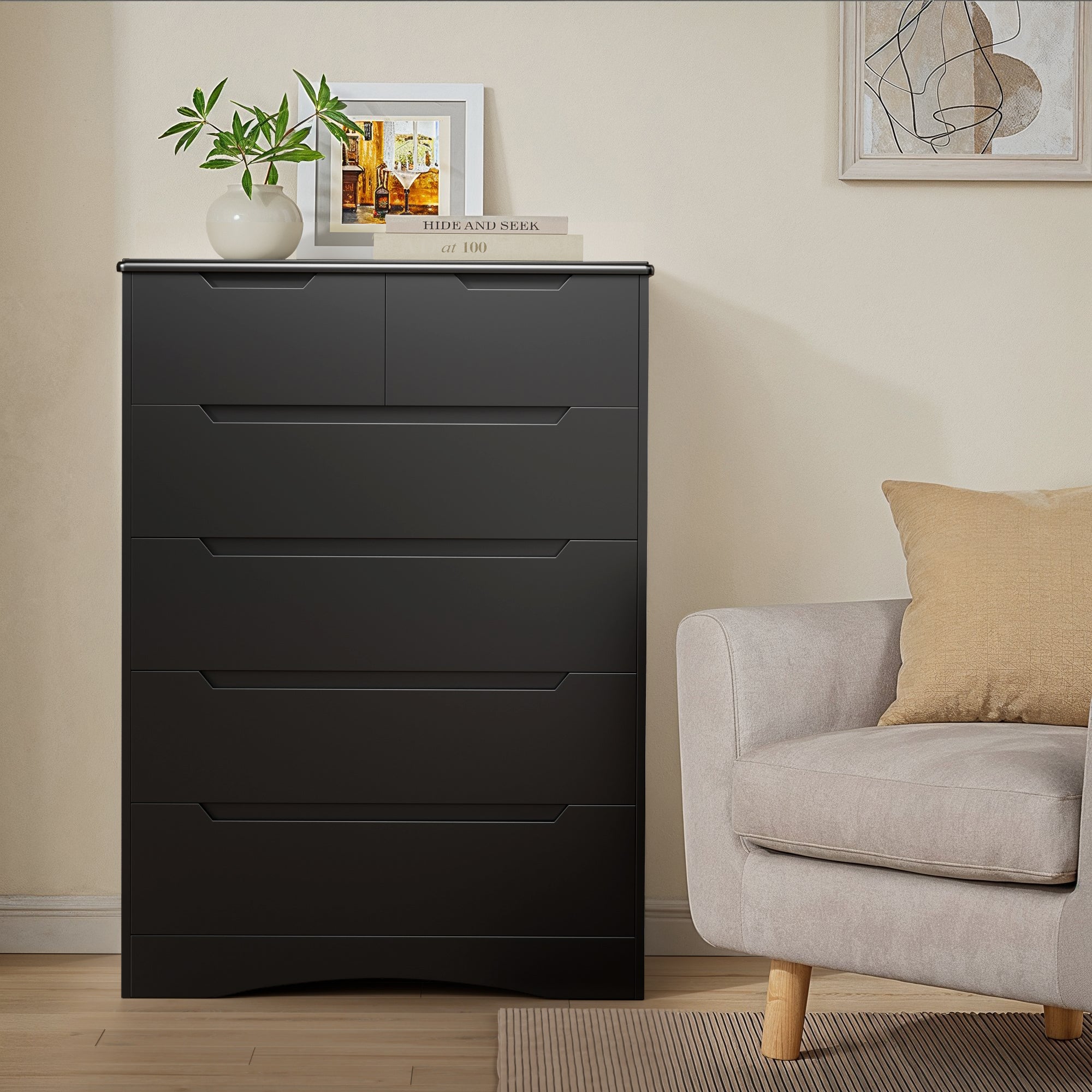 Aiho 6 Drawer Dresser, White Wood Storage Cabinet with Cutout Handles for Bedroom
