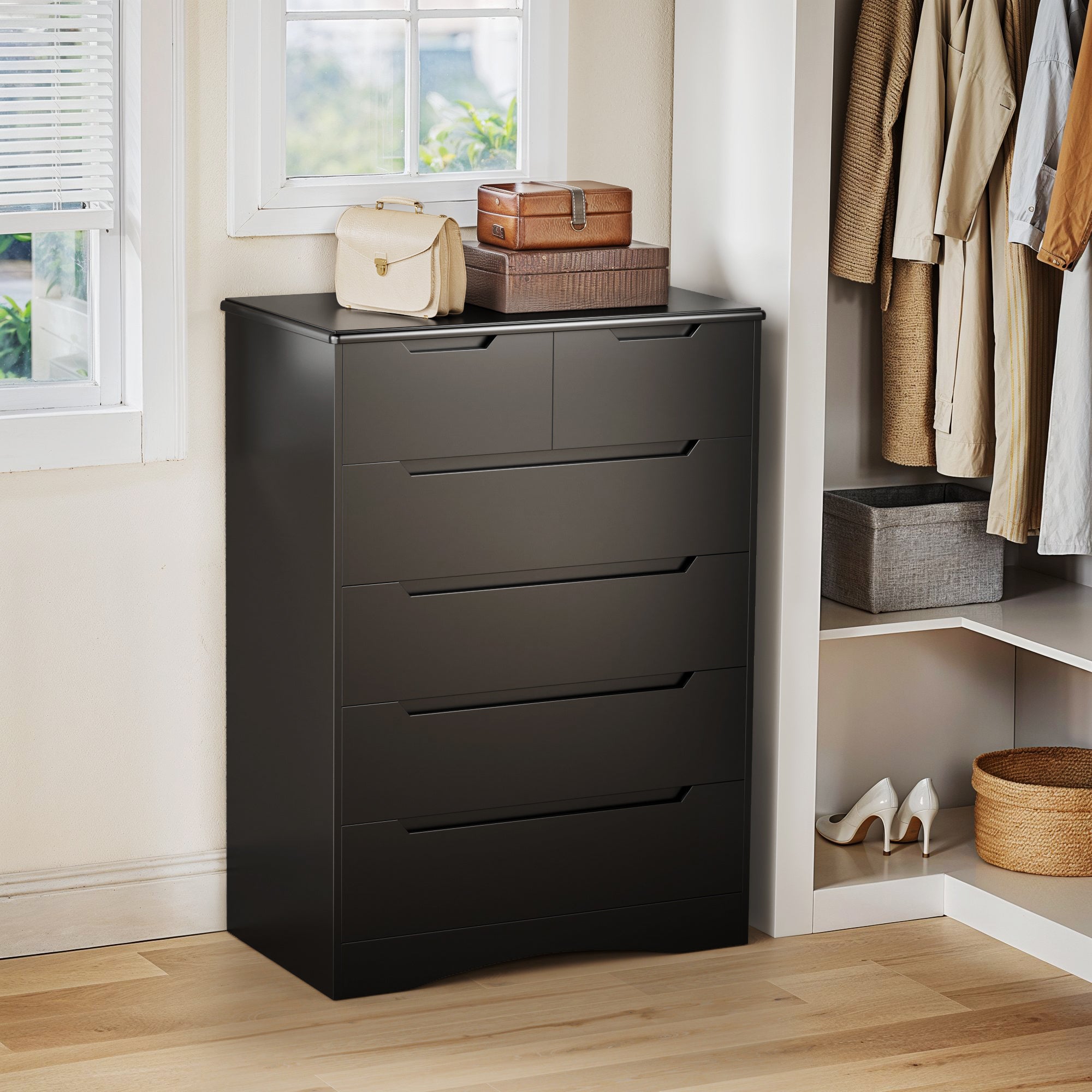 Aiho 6 Drawer Dresser, White Wood Storage Cabinet with Cutout Handles for Bedroom