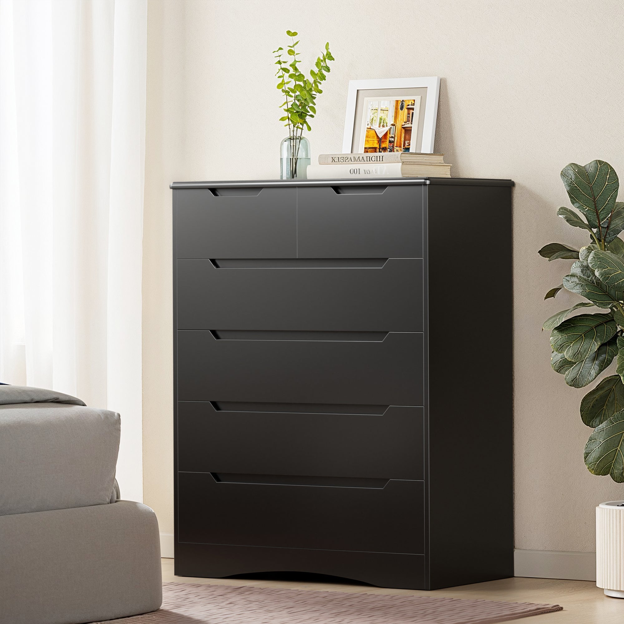 Aiho 6 Drawer Dresser, White Wood Storage Cabinet with Cutout Handles for Bedroom