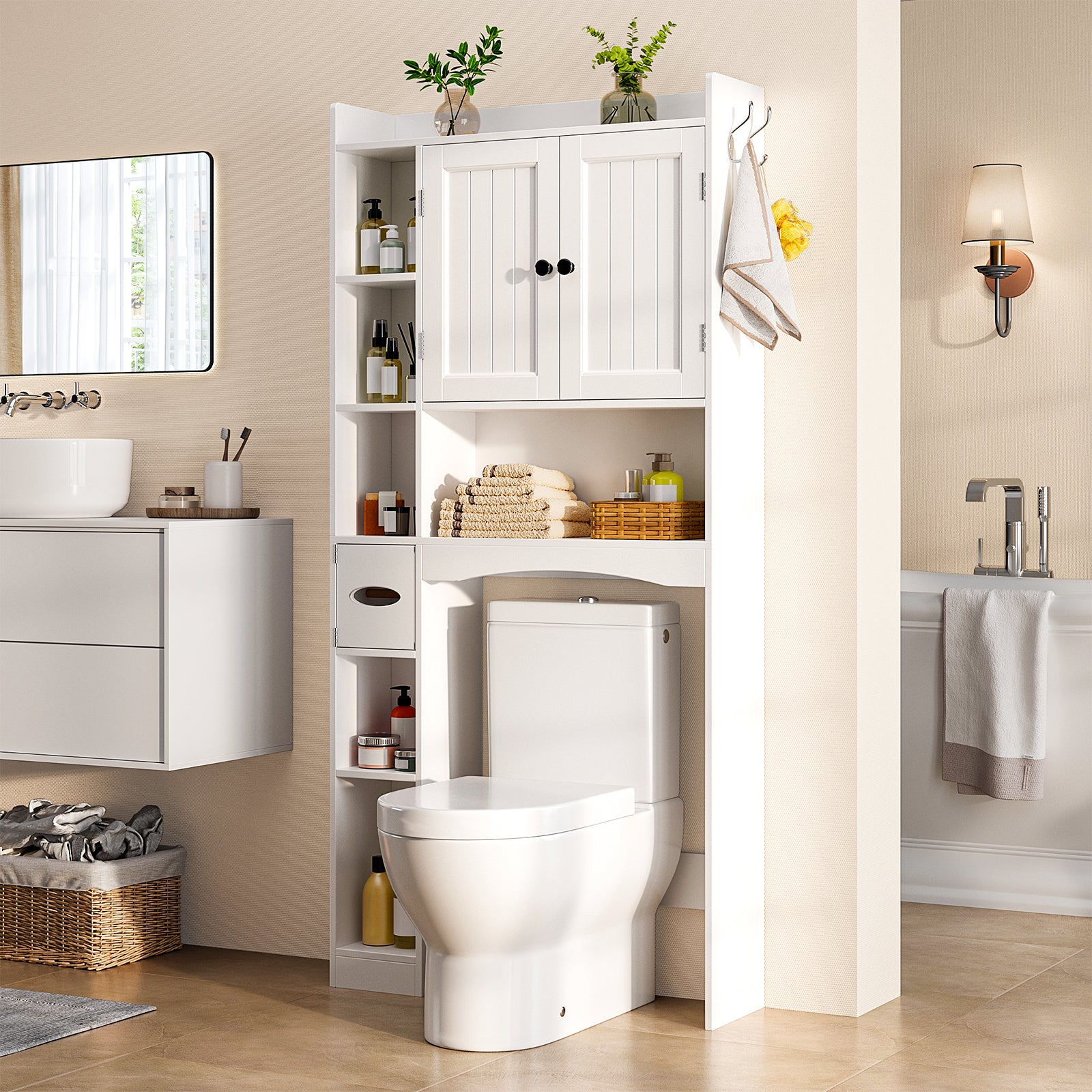 Aiho Over The Toilet Storage Cabinet with 2 Doors, 66''H Over Toilet Bathroom Organizer, Over Toilet Storage Cabinet with Adjustable Shelf, for Bathroom, Laundry