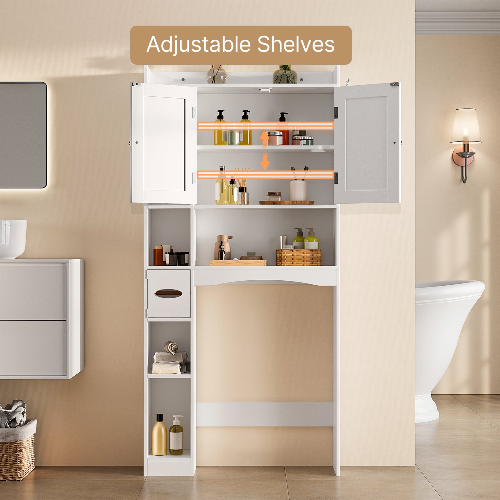 Aiho Over The Toilet Storage Cabinet with 2 Doors, 66''H Over Toilet Bathroom Organizer, Over Toilet Storage Cabinet with Adjustable Shelf, for Bathroom, Laundry