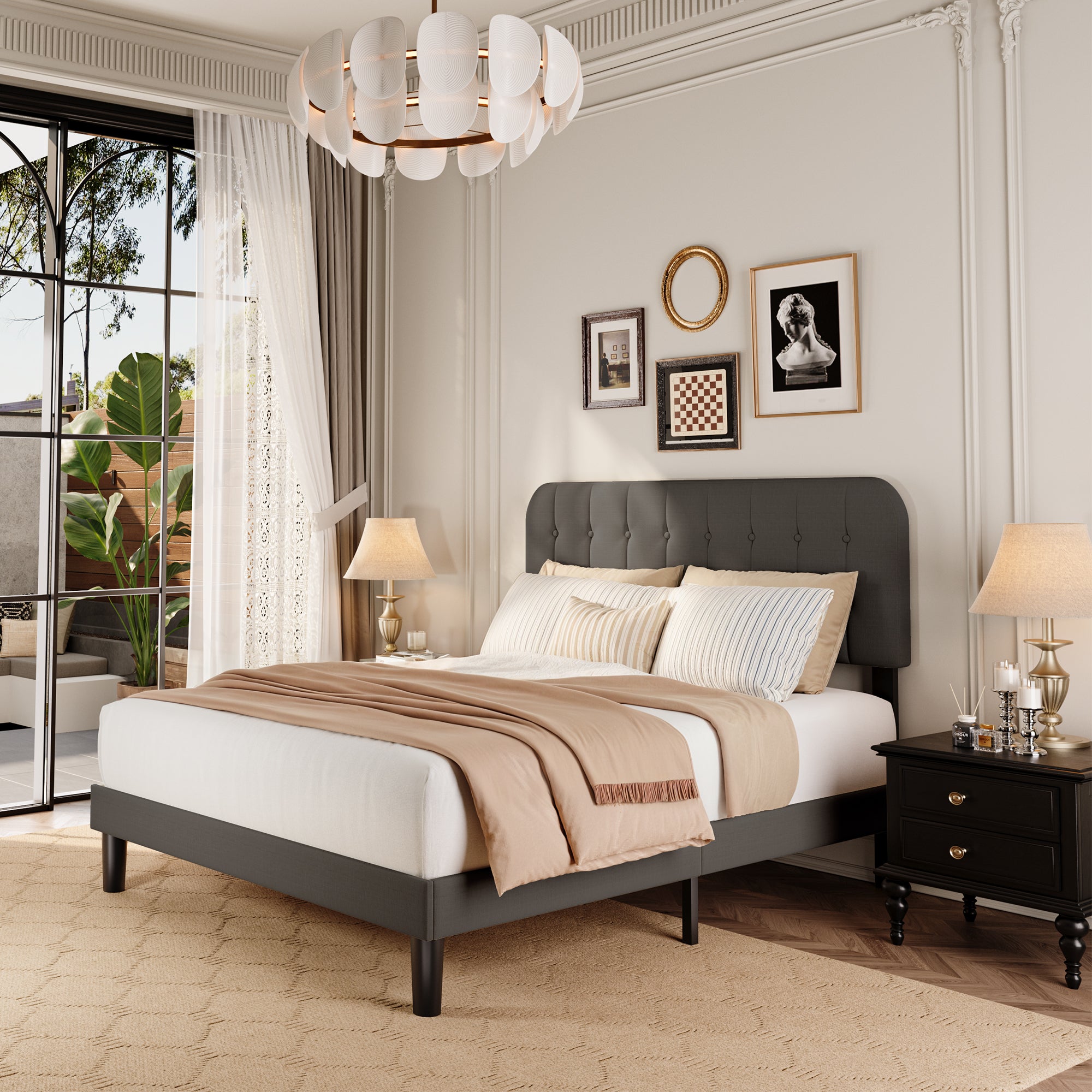 Queen Upholstered Platform Bed Frame with Headboard - Modern Bedroom Furniture with Sturdy Wooden Slats, Quiet & Noise Free, No Box Spring Needed