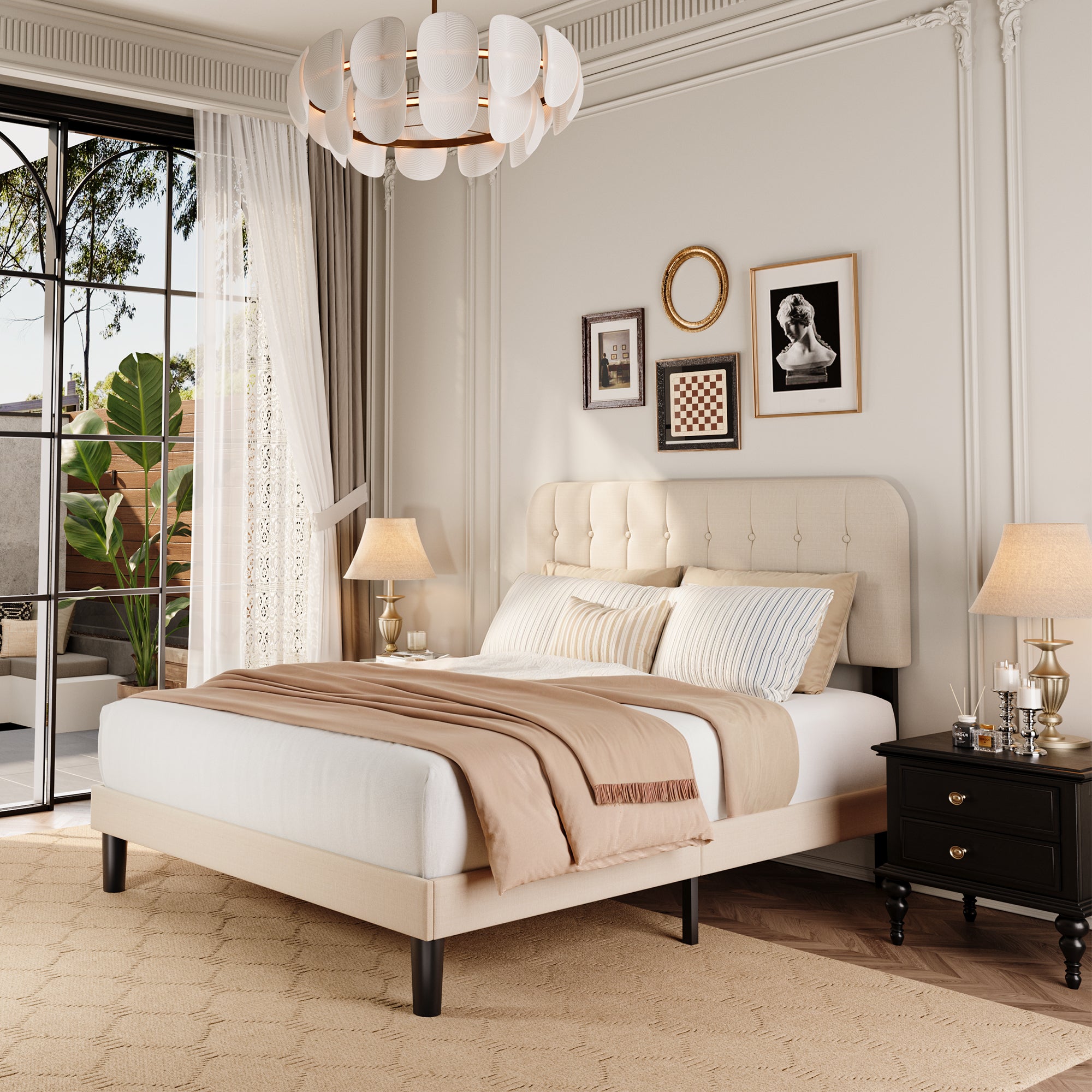 Queen Upholstered Platform Bed Frame with Headboard - Modern Bedroom Furniture with Sturdy Wooden Slats, Quiet & Noise Free, No Box Spring Needed