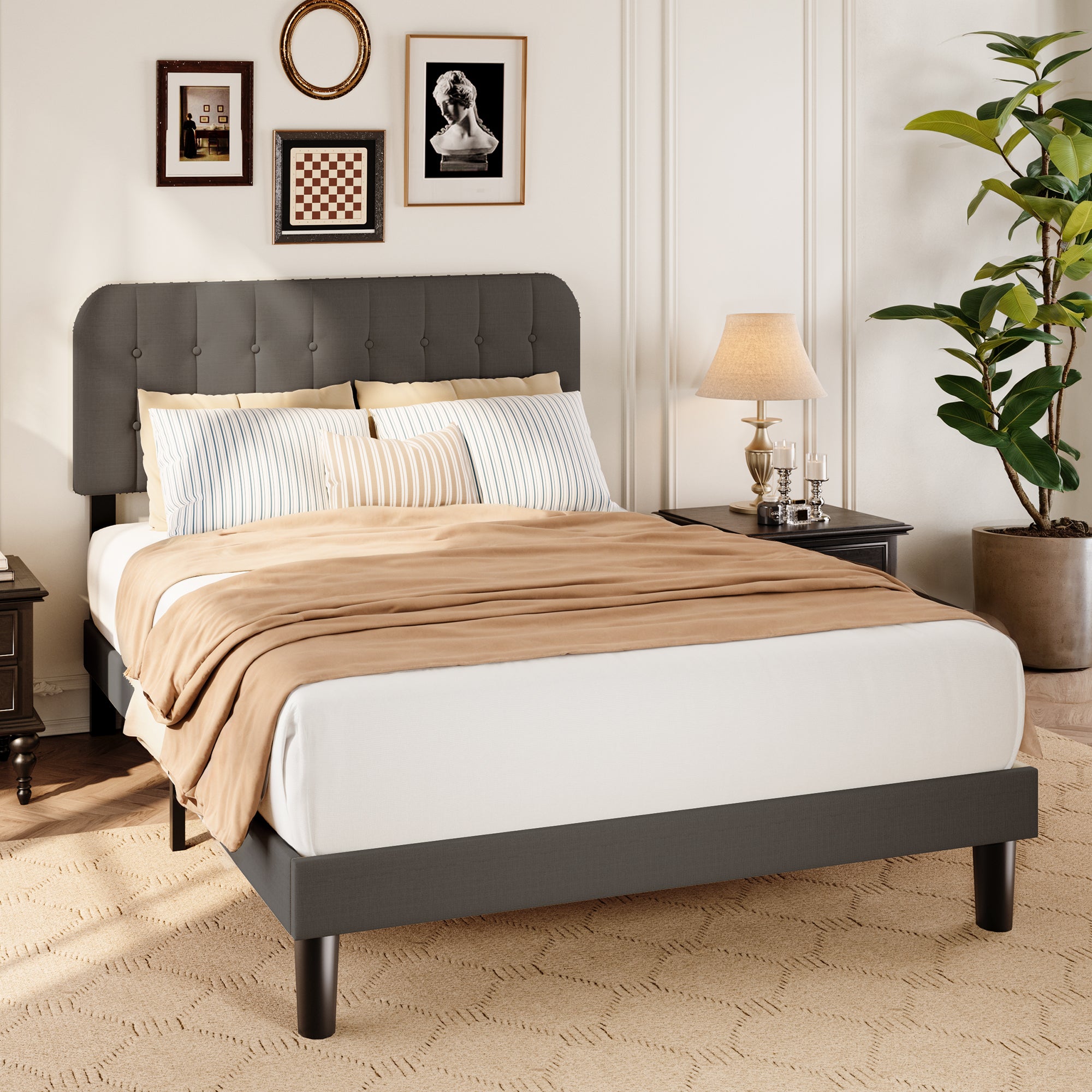 Queen Upholstered Platform Bed Frame with Headboard - Modern Bedroom Furniture with Sturdy Wooden Slats, Quiet & Noise Free, No Box Spring Needed