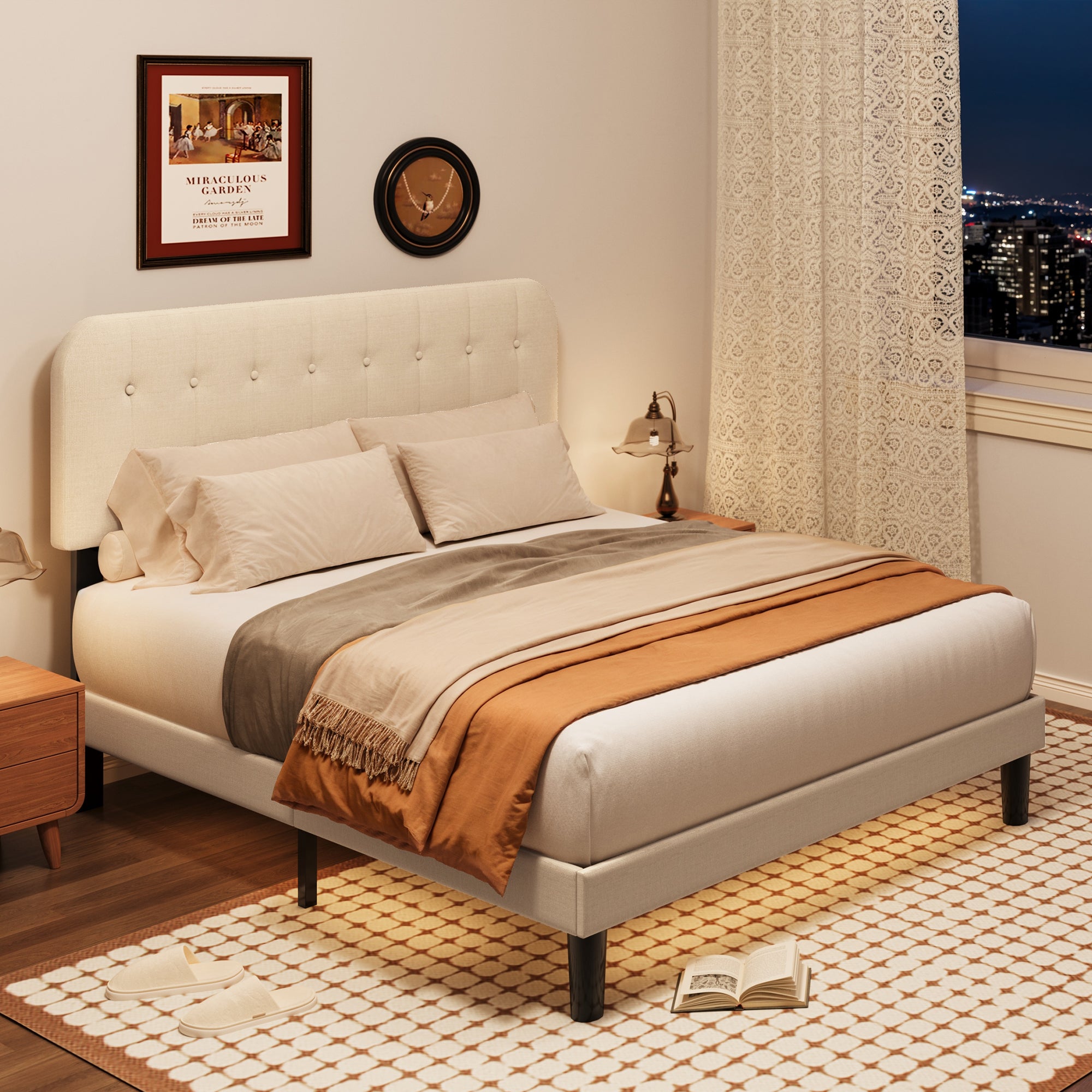 Queen Upholstered Platform Bed Frame with Headboard - Modern Bedroom Furniture with Sturdy Wooden Slats, Quiet & Noise Free, No Box Spring Needed