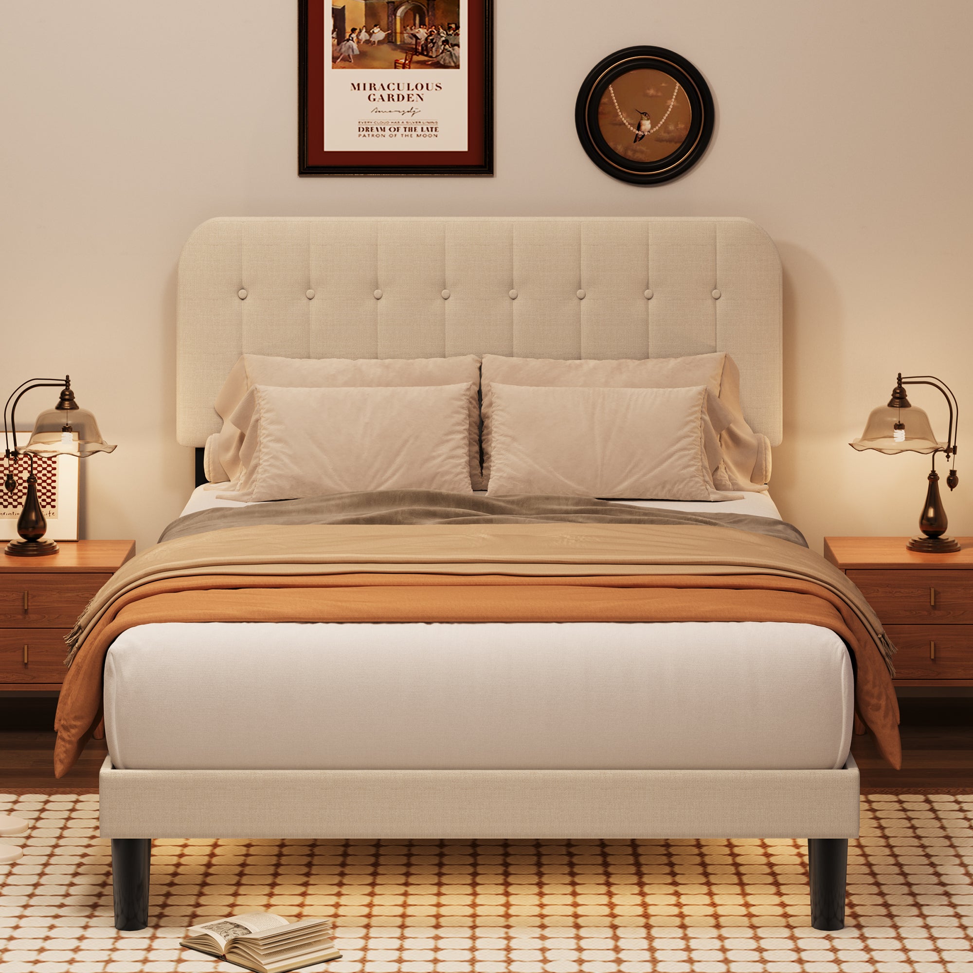 Queen Upholstered Platform Bed Frame with Headboard - Modern Bedroom Furniture with Sturdy Wooden Slats, Quiet & Noise Free, No Box Spring Needed