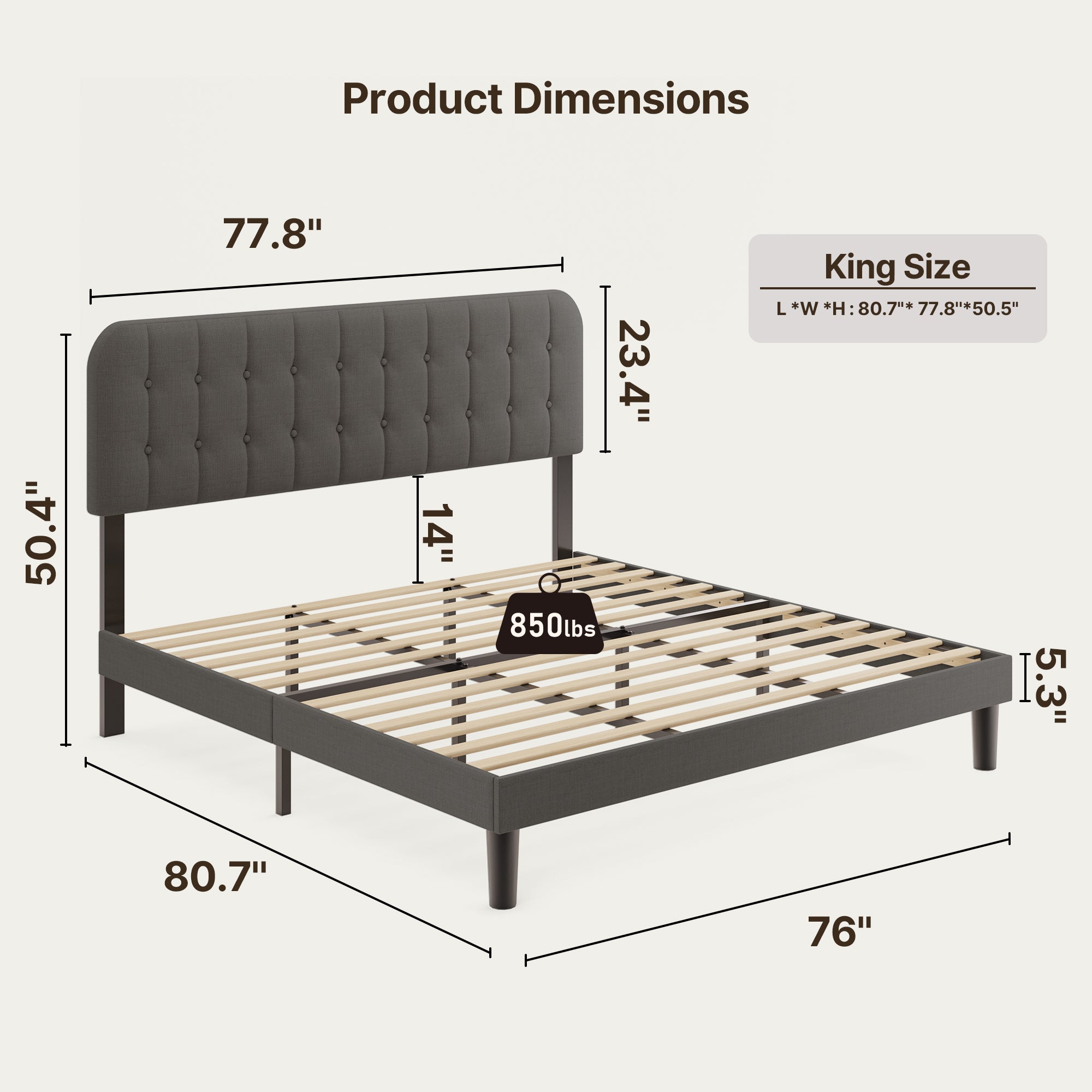 Queen Upholstered Platform Bed Frame with Headboard - Modern Bedroom Furniture with Sturdy Wooden Slats, Quiet & Noise Free, No Box Spring Needed