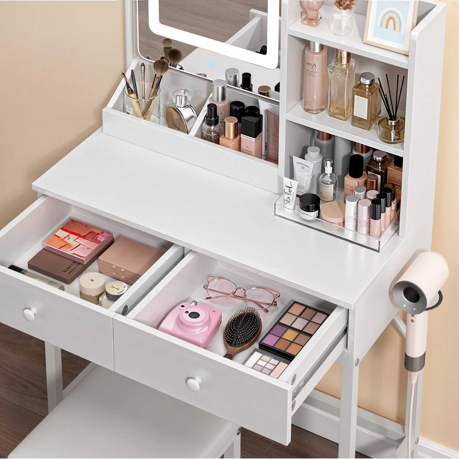Aiho Makeup Vanity Desk with Vanity Stool, Storage Drawers and 3 Shelves, Vanity Desk with Square Mirror and Adjustable Lights, For Bedroom, Bathroom, Living Room and Closet Room-White