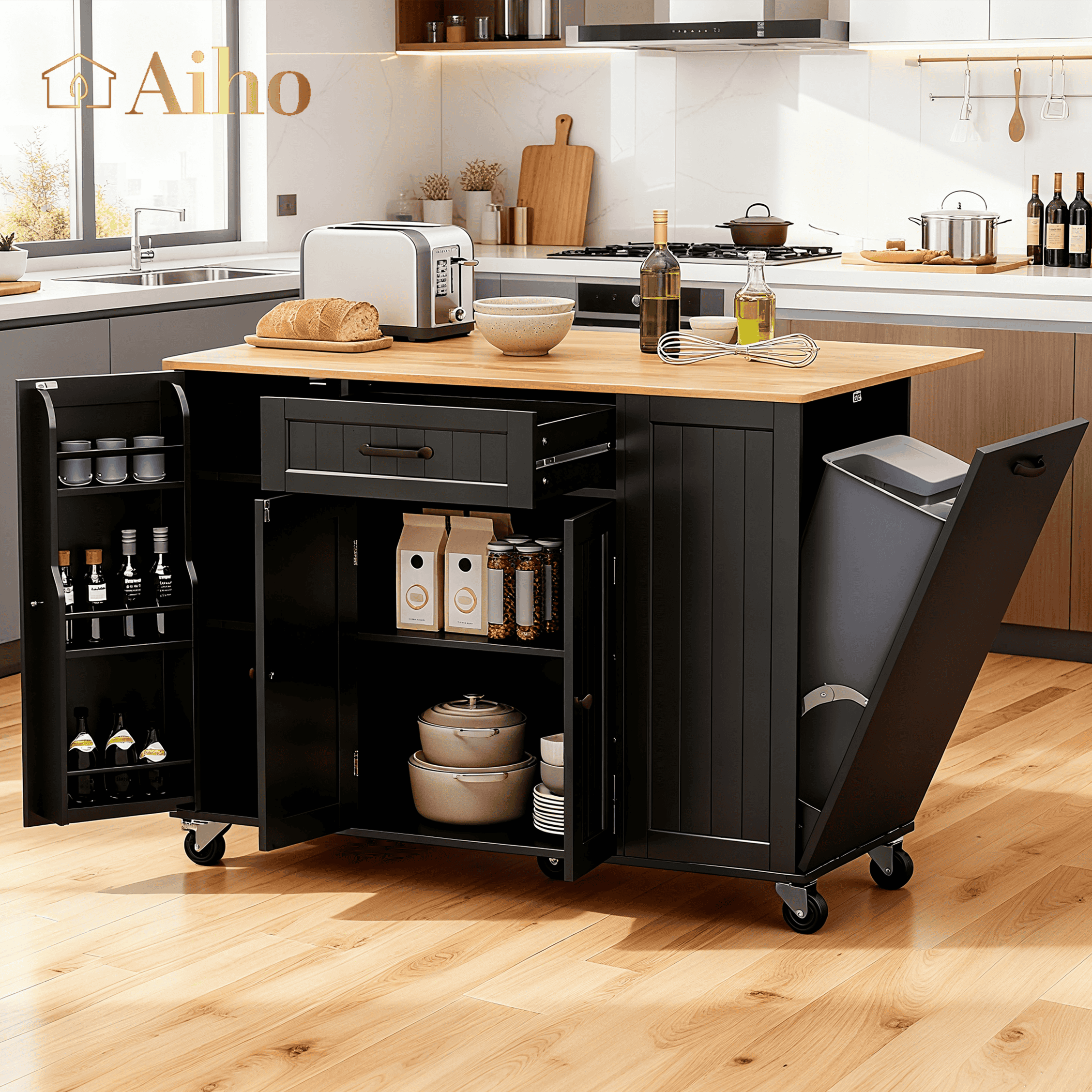 47.2"W Aiho Island Table for Kitchen with Folding Drop Leaf & Spice Rack & Drawer, Kitchen Island with Trash Can Storage for Kichen, Bar, Living Room, Black