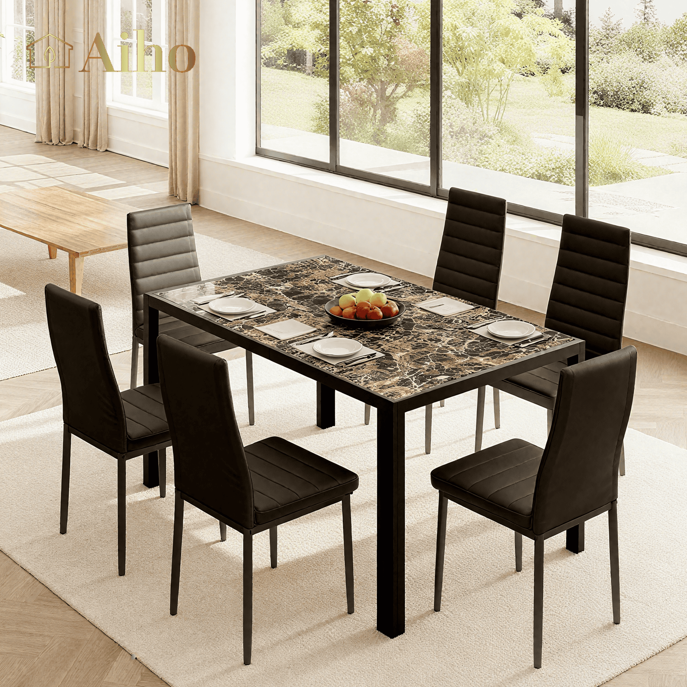 Aiho Dining Table with 6 PU Leather Chairs, Morden Kitchen Table Chairs Set for 6 Person, Perfect for Dining Room, Kitchen, Living Room, Marble