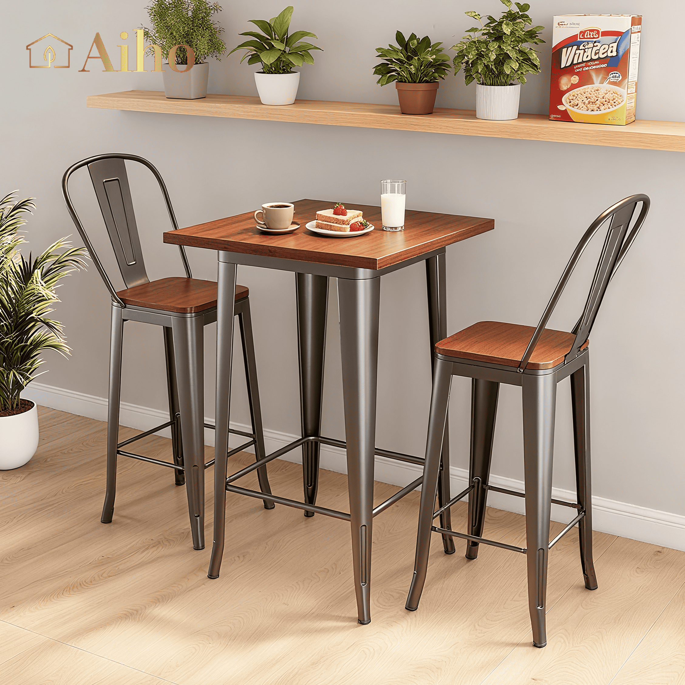 Aiho Bar Table and Chairs Set for 2 Person, Modern Dining Table Set with Elm Wood and Sturdy Metal Frame, For Bar, Kitchen, Break Nook