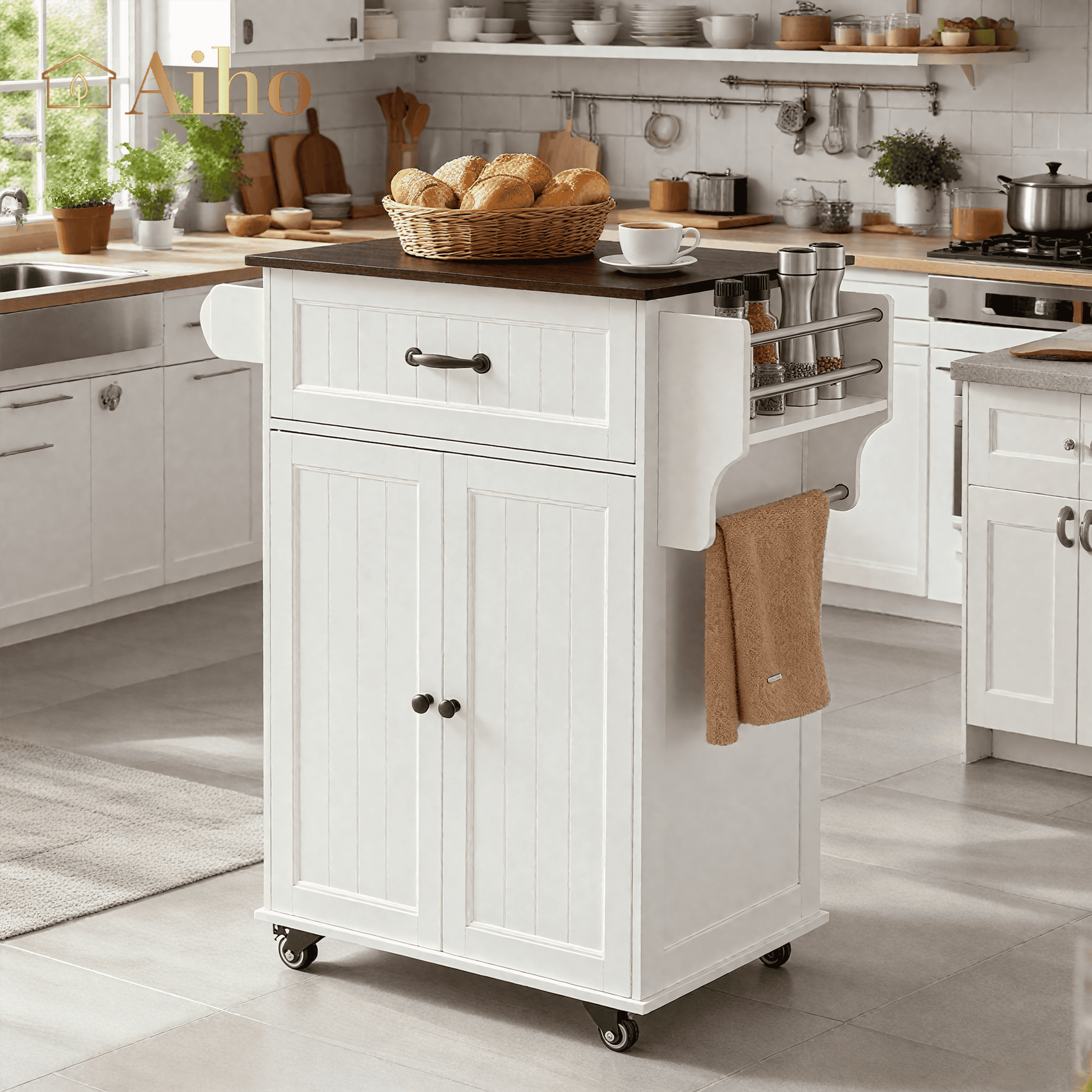 Aiho Kitchen Island with Storage, Microwave Stand with Worktop, Spice Rack & Adjustable Shelves & 1 Drawer, Perfect for Kitchen, Bar, Retro Tabletop