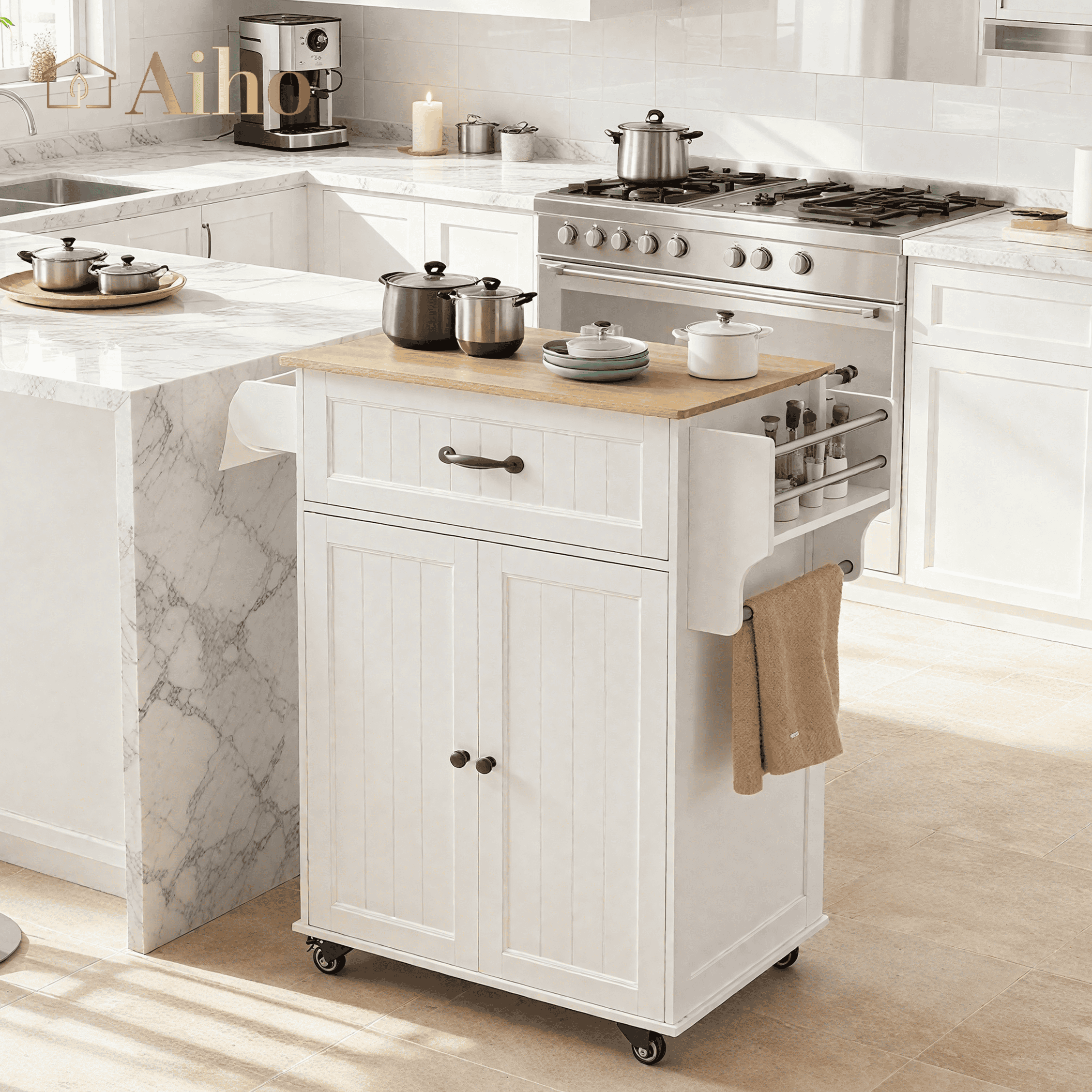 Aiho Kitchen Island with Storage, Microwave Stand with Worktop, Spice Rack & Adjustable Shelves & 1 Drawer, Perfect for Kitchen, Bar, White