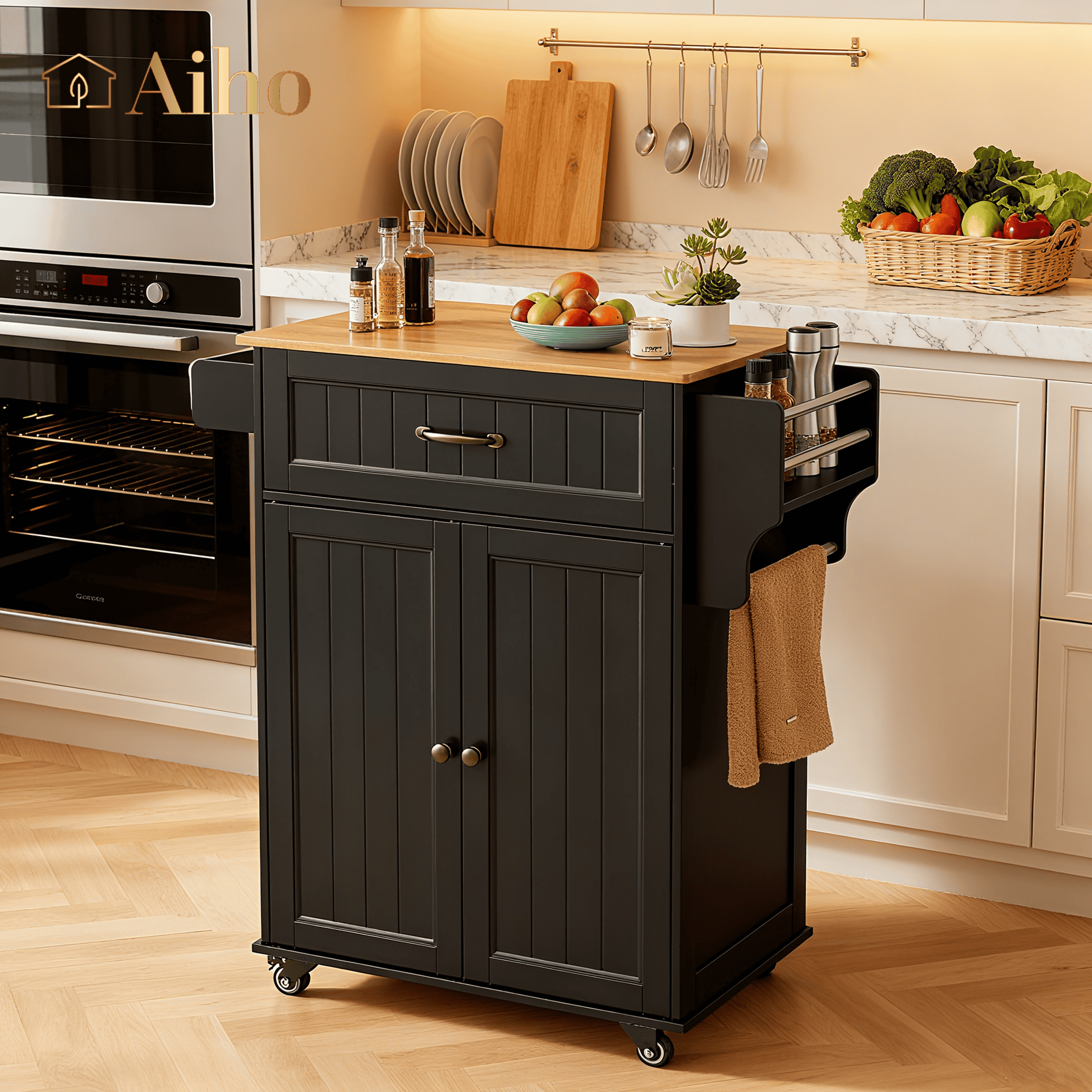 Aiho Kitchen Island with Storage, Microwave Stand with Worktop, Spice Rack & Adjustable Shelves & 1 Drawer, Perfect for Kitchen, Bar, Black