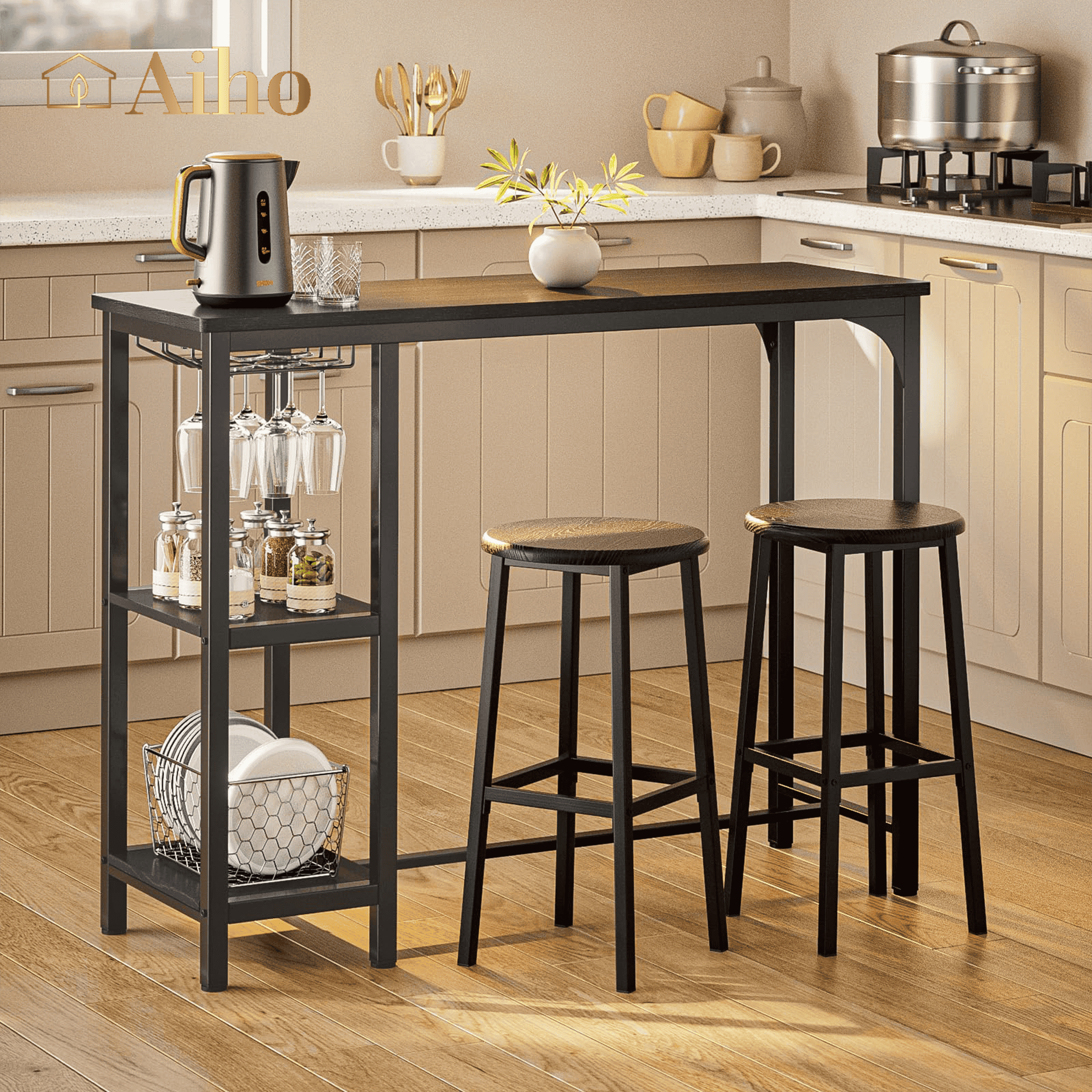 Aiho Dining Table Set for 2 Person, 3 Pieces Bar Bar Table and Chairs Set with 2 Storage Shelves & Glass Rack, For Kitchen, Dining Room, Bar, Black