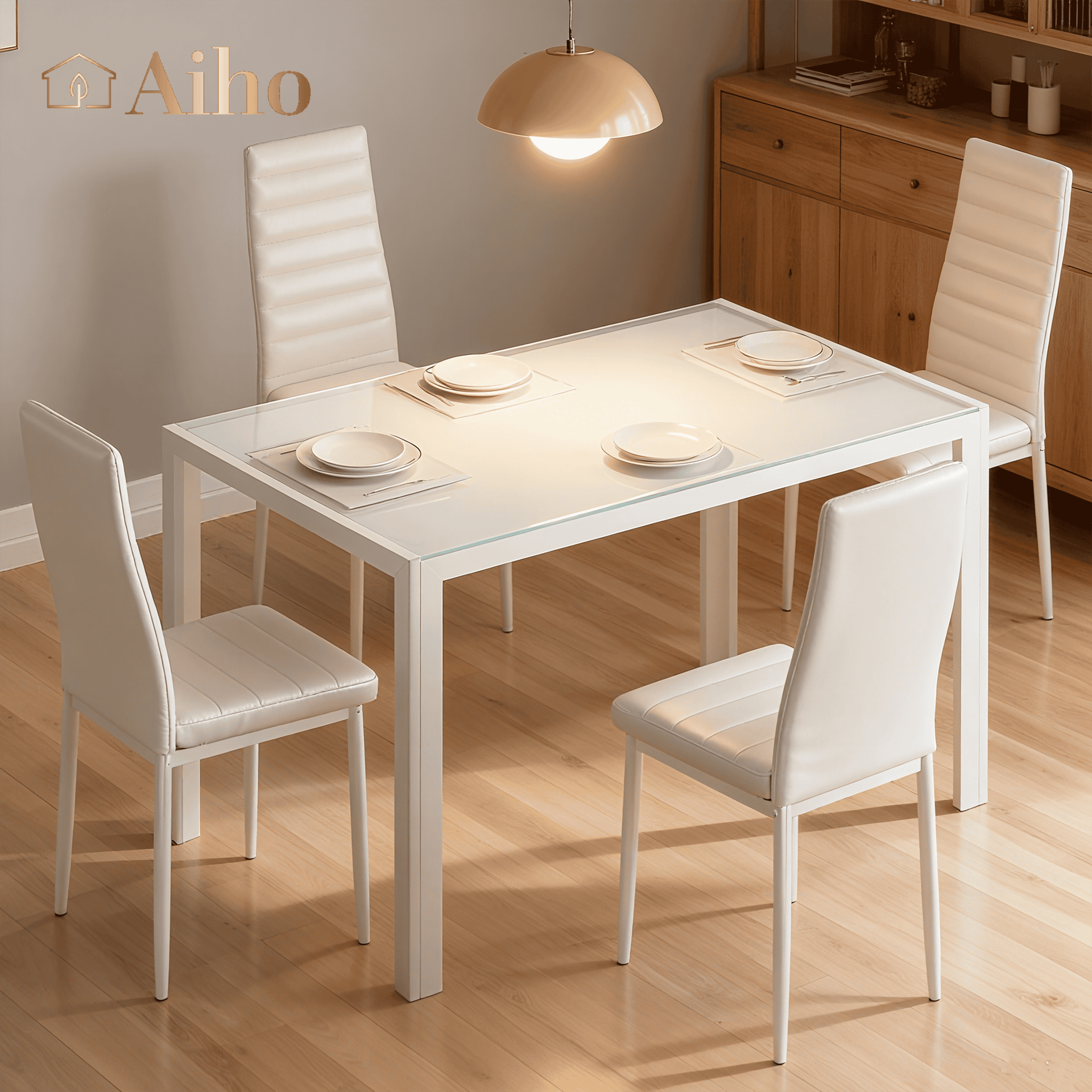 Aiho Dining Table with 6 PU Leather Chairs, Morden Kitchen Table Chairs Set for 6 Person, Perfect for Dining Room, Kitchen, Living Room, White